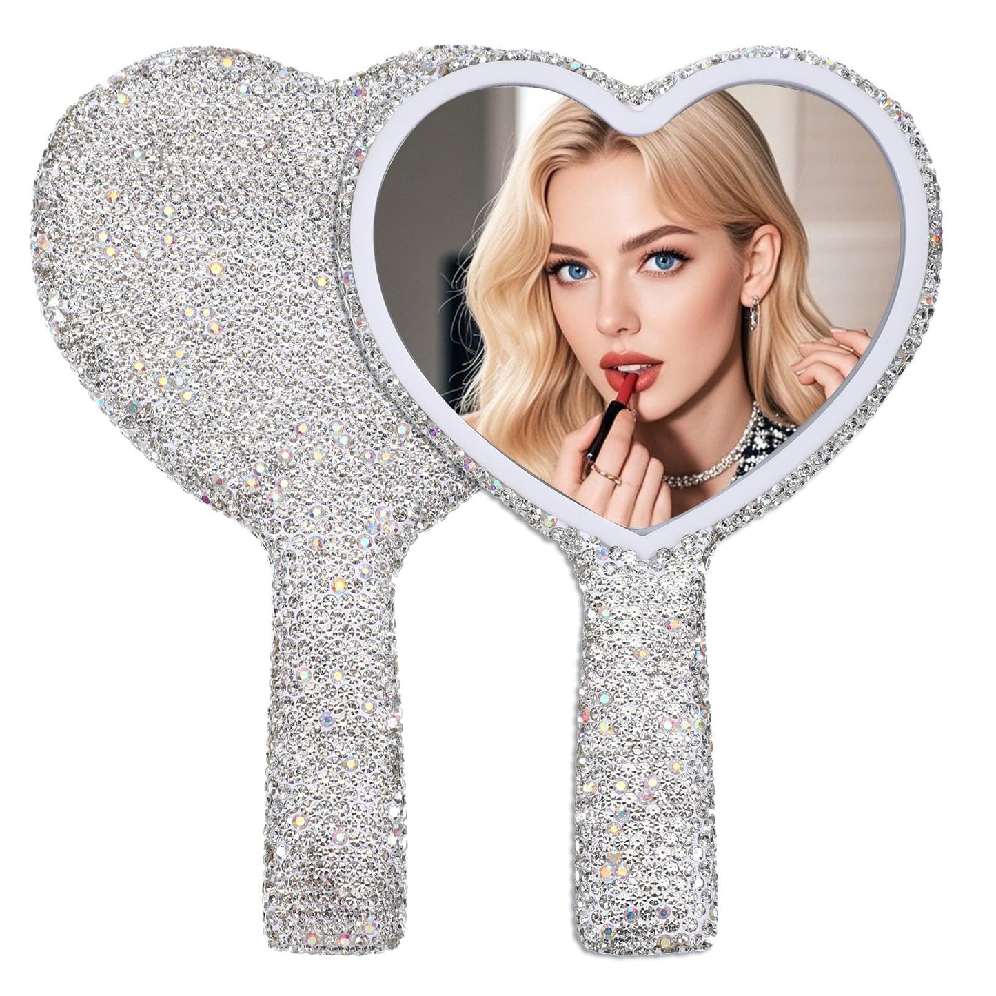 SULIKJHUI Rhinestone Handheld Mirror, Heart Shaped Glitter Cosmetic Mirror with Handle, Wedding & Makeup Accessories for Women, Silver White (6.3 Inch