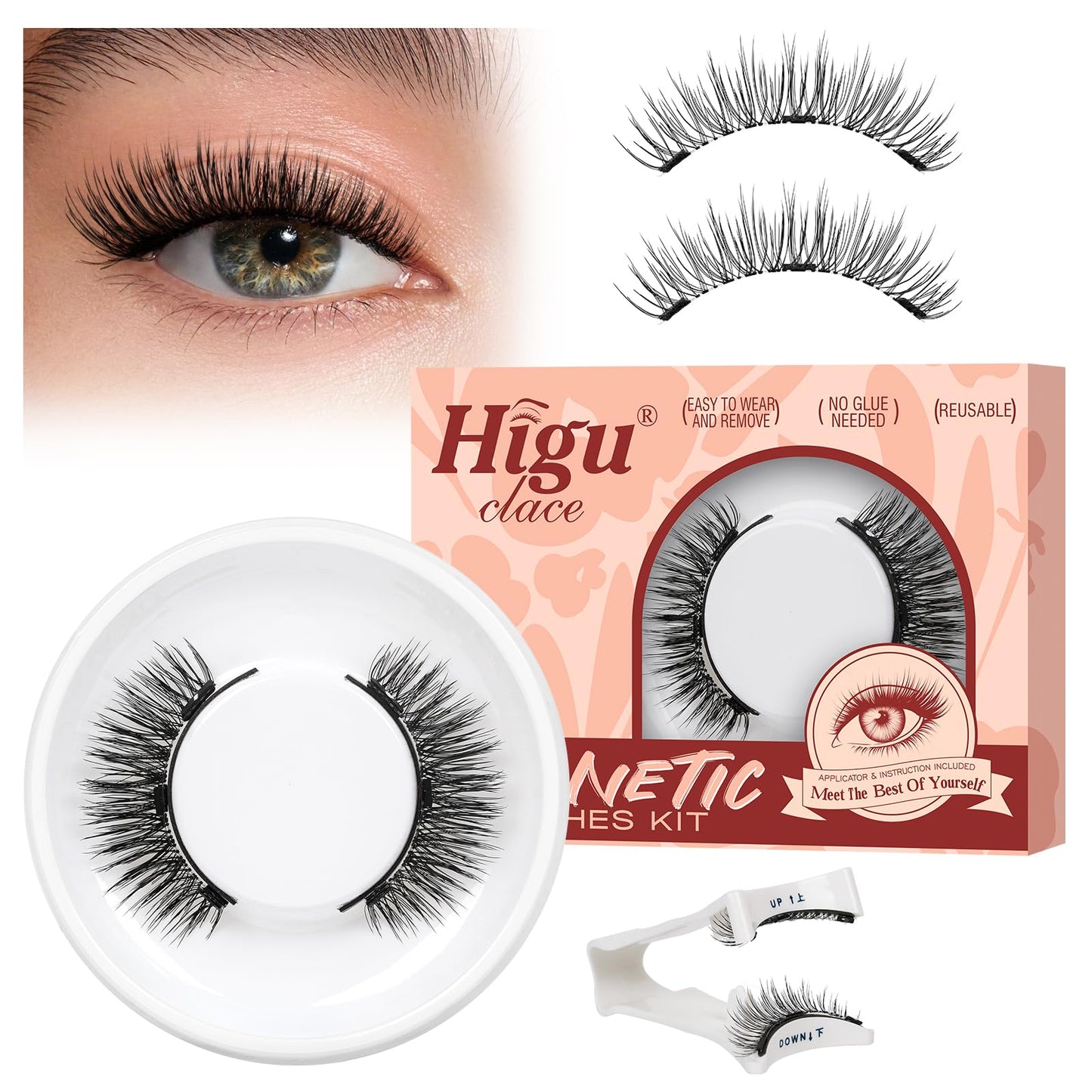 Higu clace Magnetic Eyelashes with Applicator, 1 Pair Reusable Magnetic Lashes Without Eyeliner, Magnetic Eyelashes Natural Look, No Glue Needed (XTY-A03)