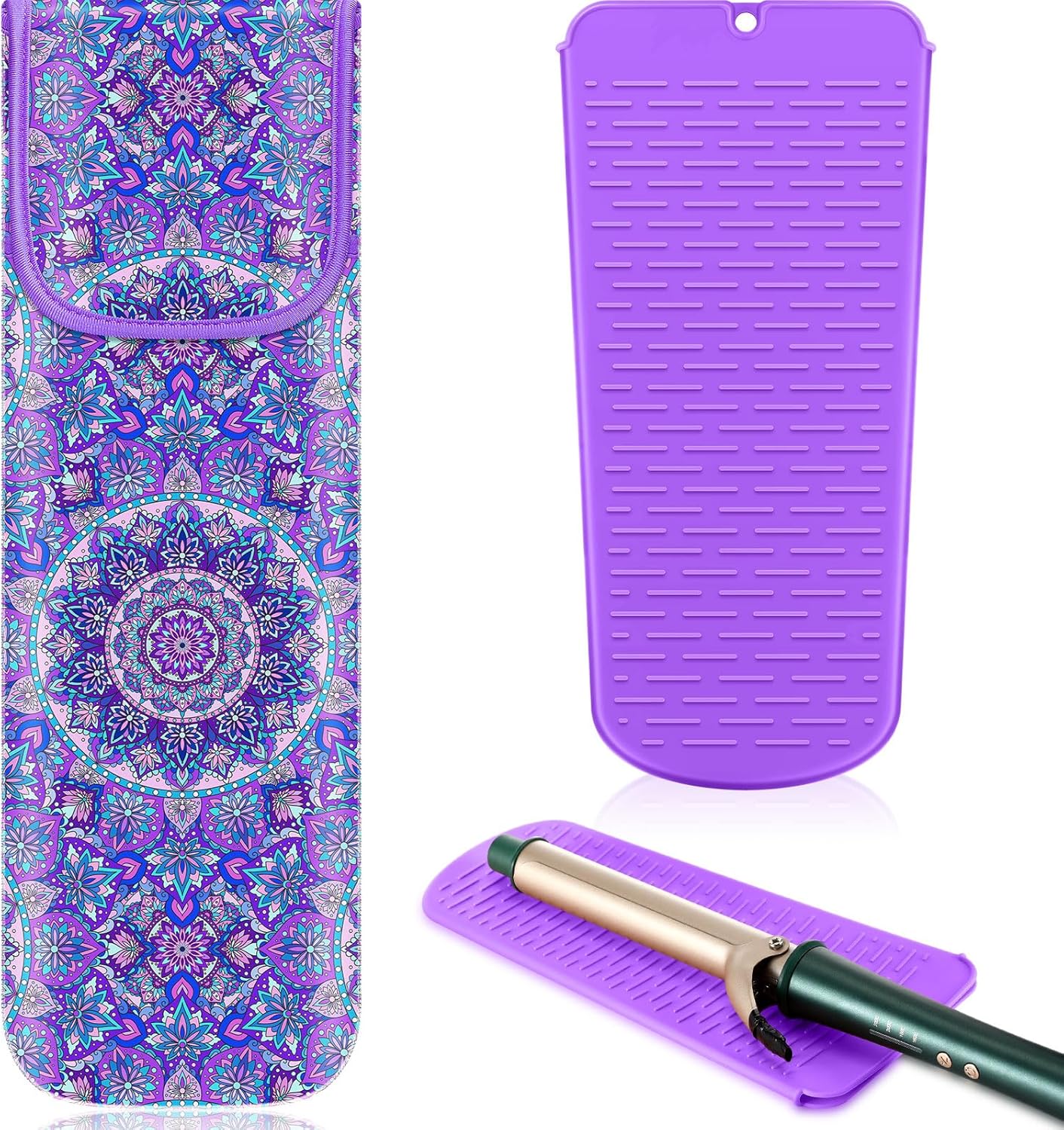 Heat Resistant Hair Tools Bag - Neoprene Curling Iron & Flat Iron Holder | Travel Case & Silicone Mat Pouch (Mandragora)