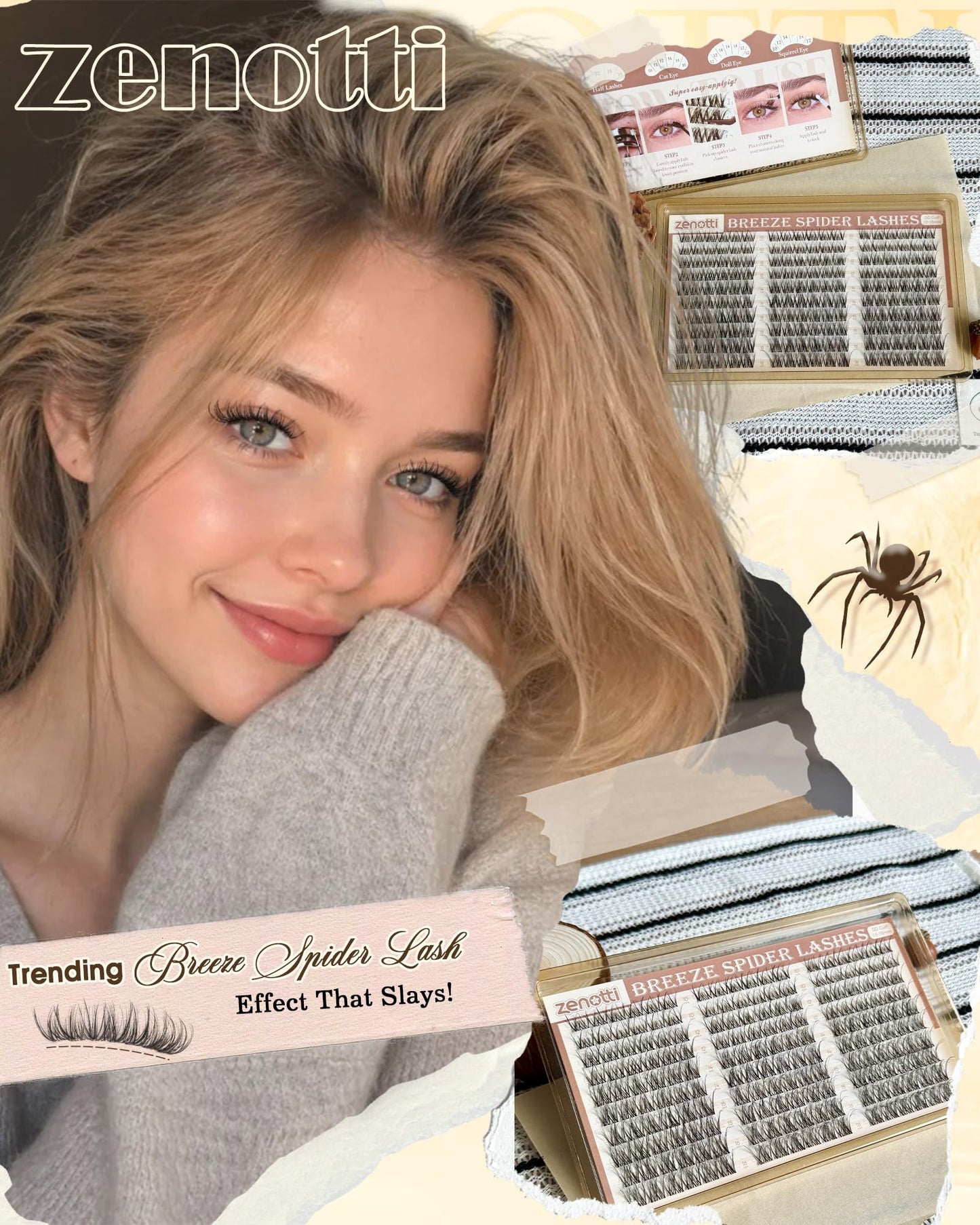 Spider Breeze Lash Clusters DD Curl 180PCS Natural Eyelash Clusters Wispy Cluster Eyelash Extensions Breeze Venus Lashes Cluster with Invisible Band Kim K Style Eyelash Extensions by zenotti