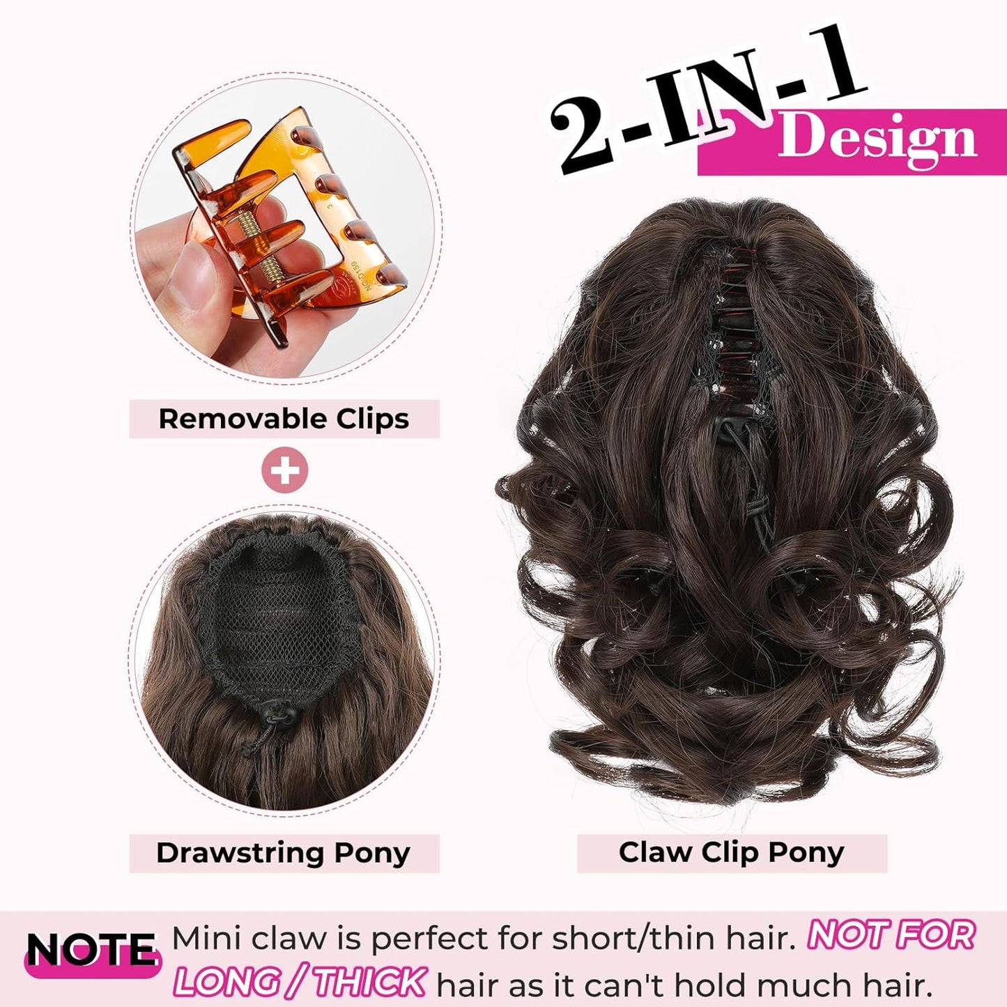 Ponytail Extension - 9" Short Curly Wavy Claw Clip Hairpiece | Chocolate Brown with Highlights