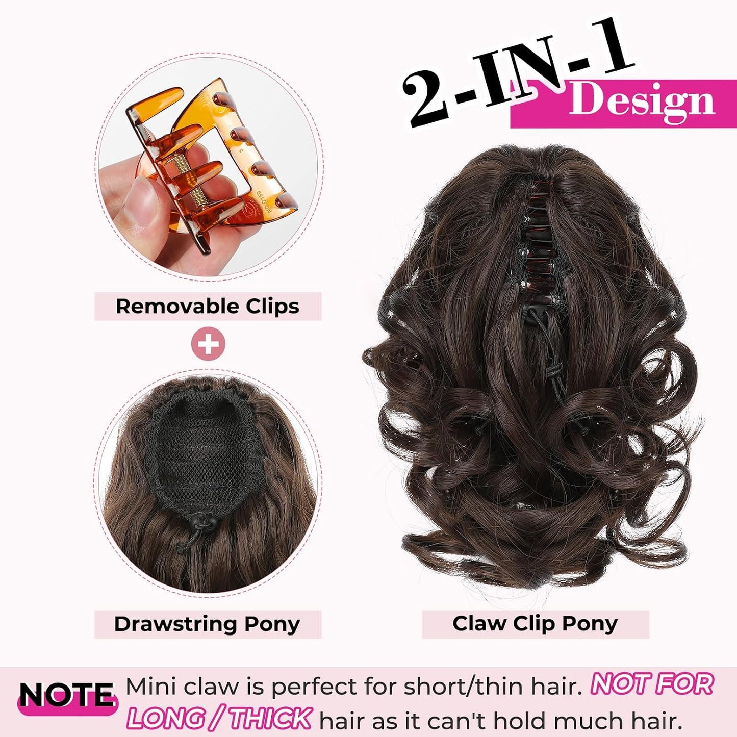 Short Ponytail Extension - Classic Loose Curly Wavy Claw Clip Hairpiece for Women | Dark Brown