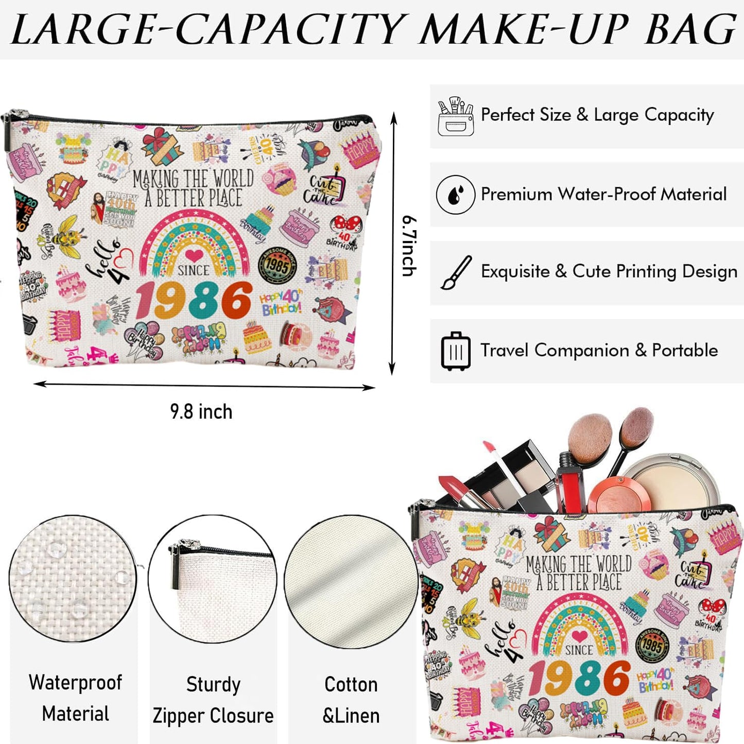 40th Birthday Gifts for Women Makeup Bag, Happy 40th Birthday Decorations for Women, 40 Year Old Gifts Ideas for Her, Mom, Wife, Sister, Mothers Day, Christmas, Cosmetic Travel Bag & Toiletry Pouch
