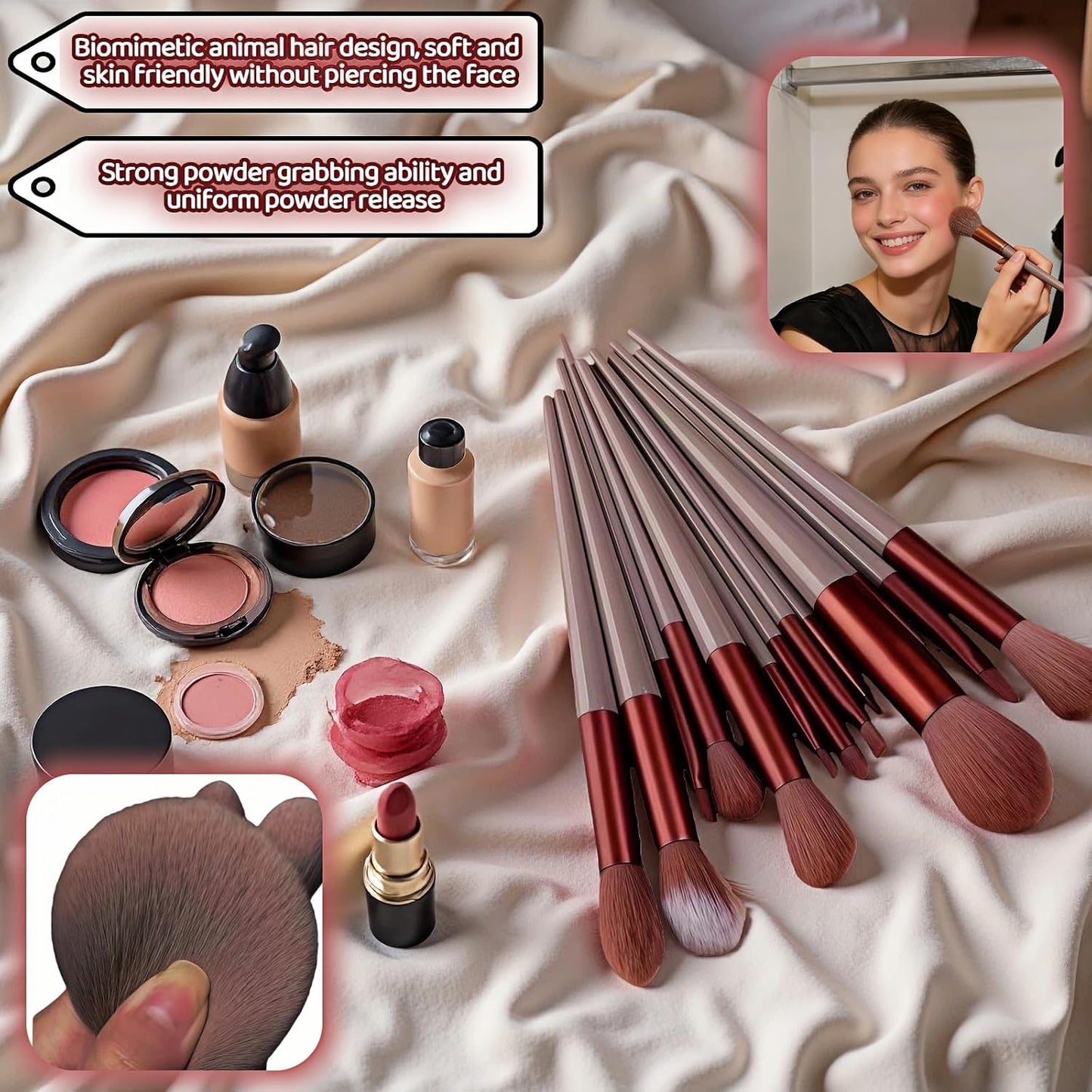 Makeup Brush Set - 13 Piece Professional Cosmetic Brushes | Hypoallergenic Synthetic Bristles for Face & Eye Application (Brown)
