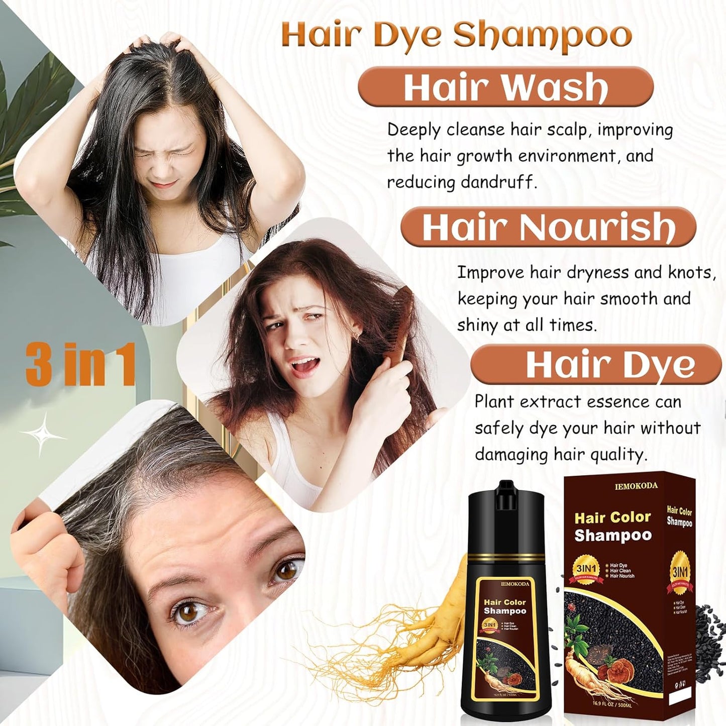 3-in-1 Hair Dye for Men & Women | Long-Lasting Gray Coverage, Natural Color in Minutes - 16.9 Fl Oz