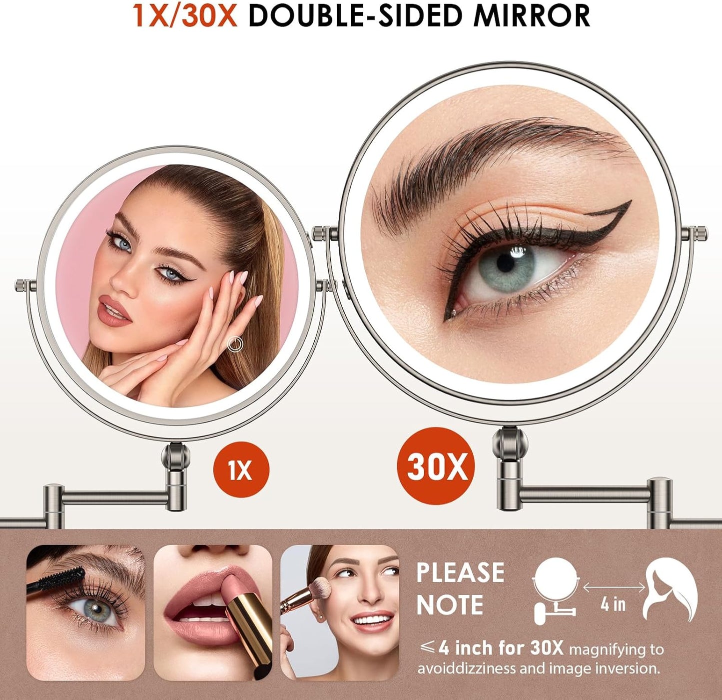 ZLOKLA 9" Wall Mounted Lighted Makeup Mirror - 1X/30X Magnification, Touch Dimmable, 360° Rotation, Rechargeable