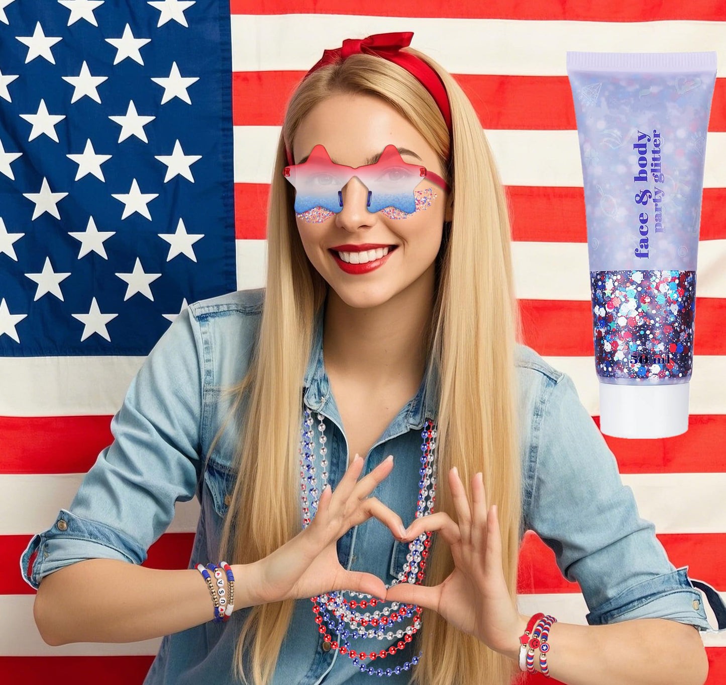 Go Ho 4th of July Outfits for Women,6PCS Beaded Stackable Stretch Bracelets,Red White and Blue Face Body Glitter,9PC Necklaces,3PC Star Glasses, Fourth of July Decorations Favors Accessories Set