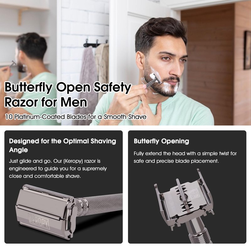 Double Edge Safety Razor for Men with 10 Double Edge Safety Razor Blades, Single Blade Butterfly Razor - Men Metal Razor for Shaving, Traditional One Blade Razor Kit - Gloss Black