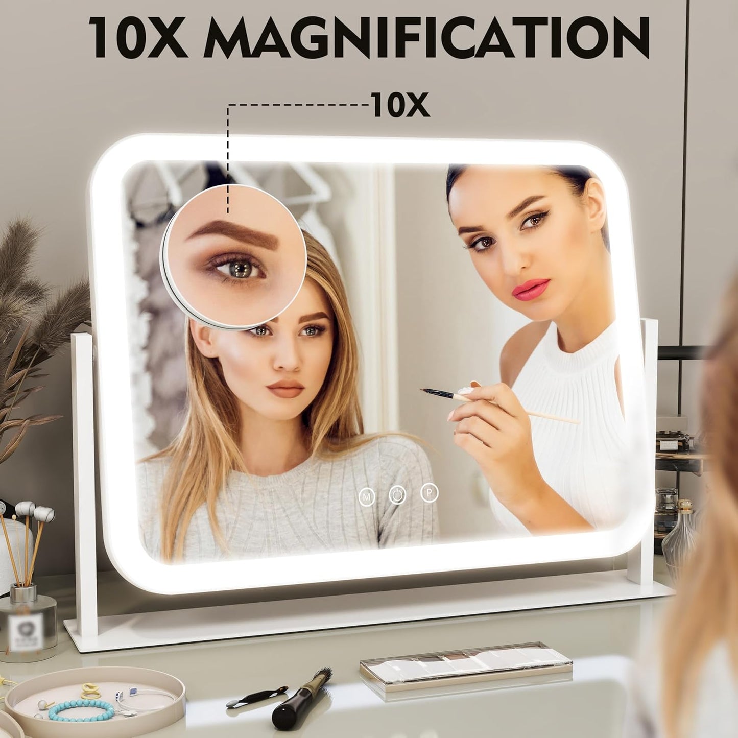 Lighted Makeup Mirror - 10X Magnification Vanity Mirror with 3 Color Modes | 17"x13" Smart Touch Control, 360° Rotation (White)