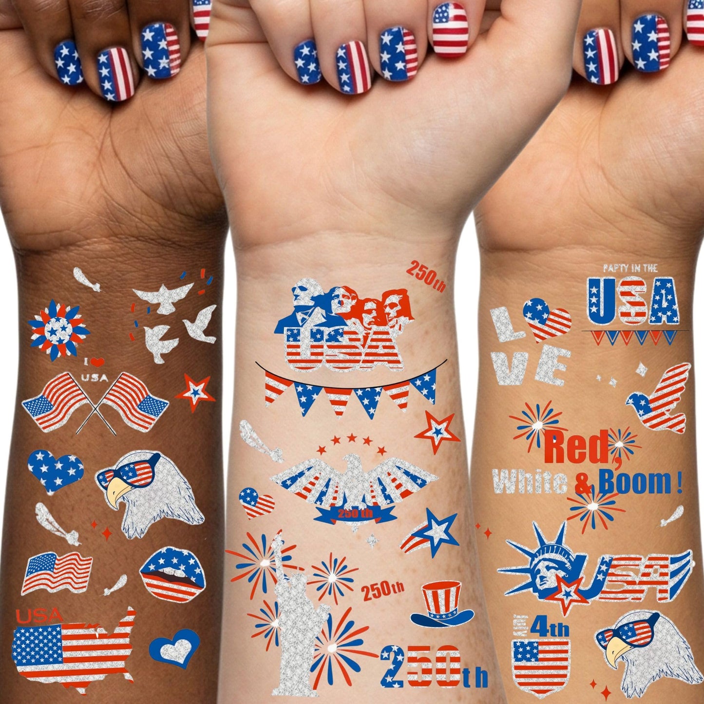 Vagilelf 250th Anniversary Decorations, 3 Sheets 4th of July Tattoos, America 250 Merchandise with Premium Silver Foil, Shimmering Red White and Blue Patriotic Body Stickers for USA Party Decorations