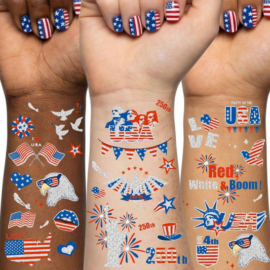 Vagilelf 250th Anniversary Decorations, 3 Sheets 4th of July Tattoos, America 250 Merchandise with Premium Silver Foil, Shimmering Red White and Blue Patriotic Body Stickers for USA Party Decorations