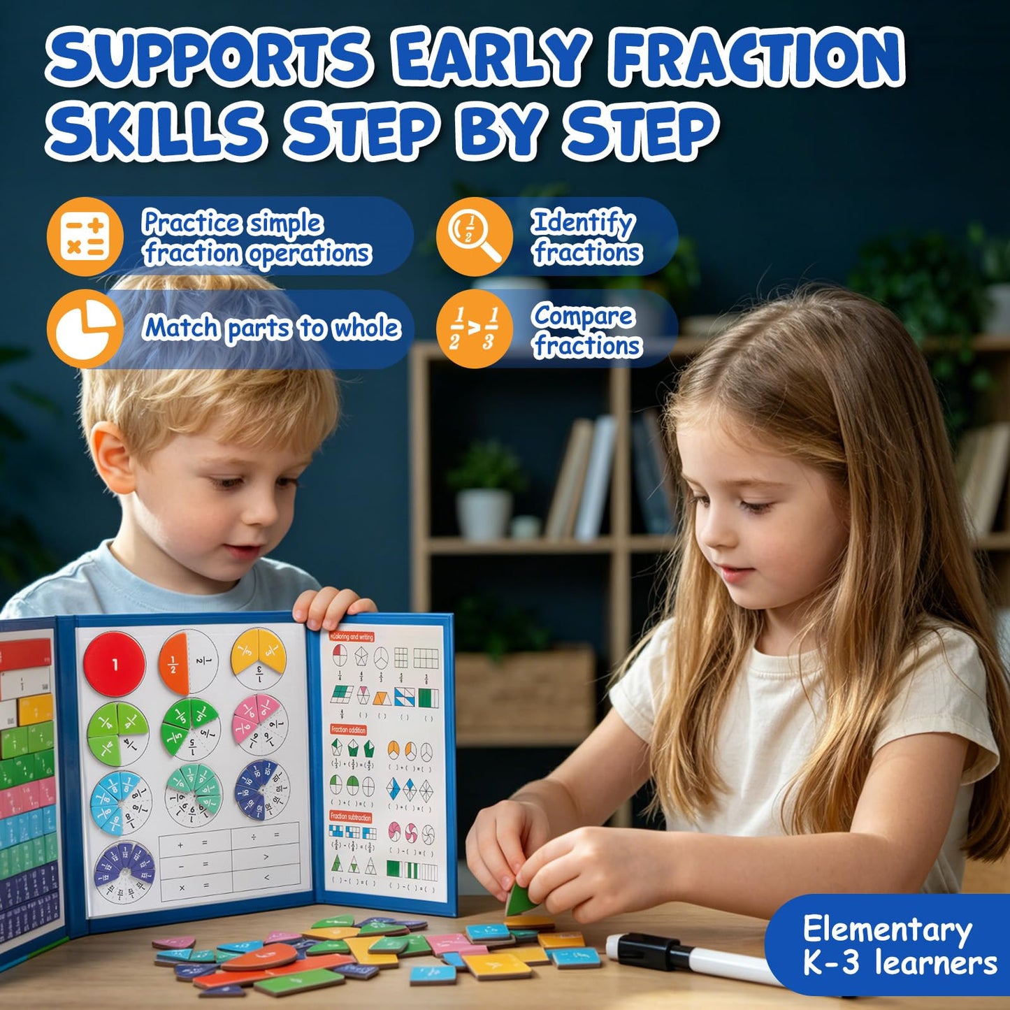Magnetic Fraction Manipulatives for Kids, Fraction Tiles & Circles Educational Learning Set, Magnetic Fraction with Dry-Erase Practice, Homeschool & Classroom Math Teaching Tool for Elementary Math