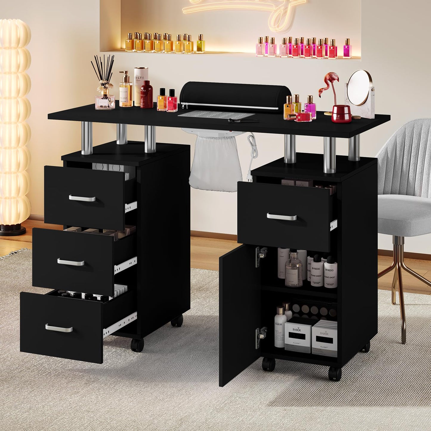 MilleLoom Manicure Table with Storage Cabinets and Drawers, Nail Desk for Nail Tech with Lockable Wheels, Dust Collector Acetone Resistant, Arm Rest for Makeup Spa Beauty Salon Station
