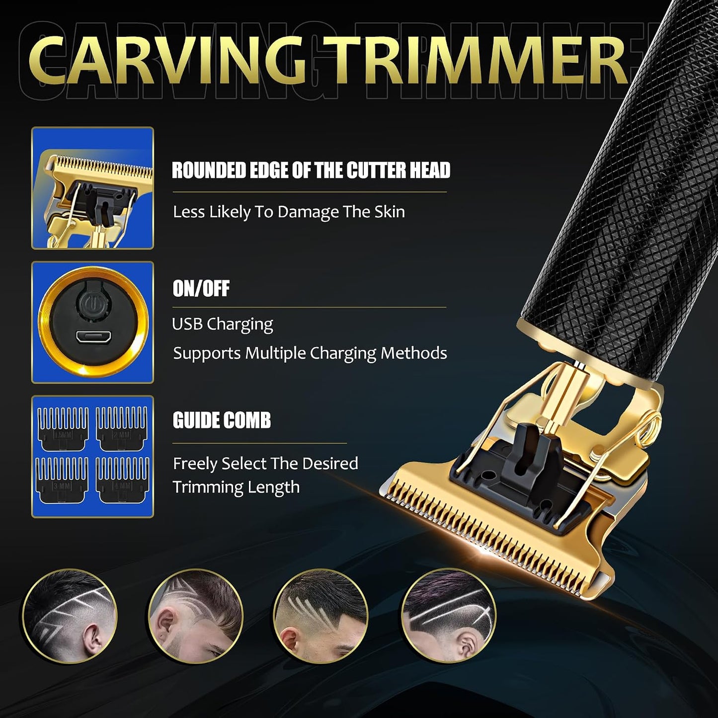Hair Clippers for Men - Cordless Grooming Kit with LED Display | 4-Piece Rechargeable Set for Home Use (Black Gold)