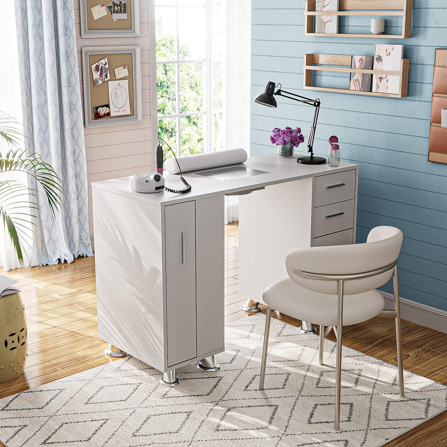 Manicure Table, Nail Tech Desk with Dust Collector, Acetone Resistant Nail Table Station with 4 Dust Bags & Wrist Rest, Beauty Salon Nail Supplies Workstation with Drawers Storage Cabinets, White