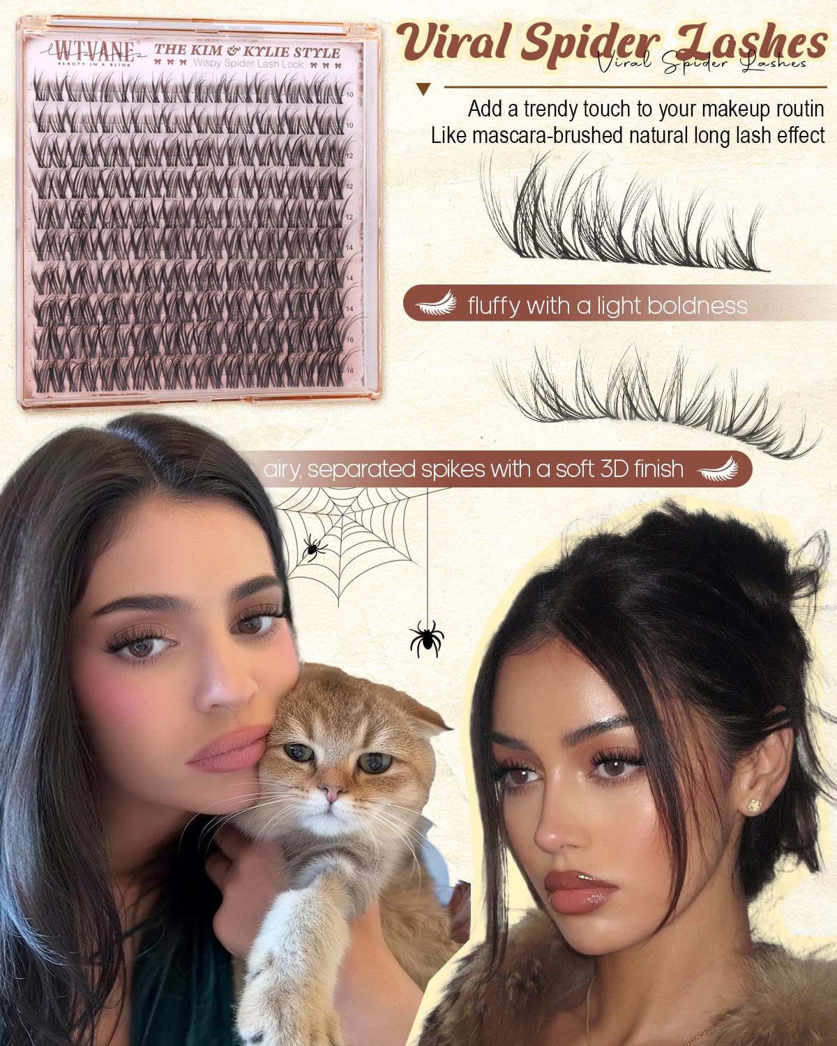 Wtvane Wispy Lash Clusters Spider Eyelash Clusters 10-16mm Natural Cluster Eyelash Extensions Fluffy DD Curl Individual Lashes Clusters Breeze Eyelashes Cluster with Soft Clear Band Kim K Lash Style
