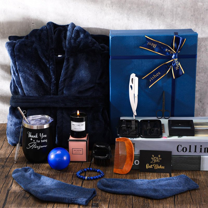 Nuogo 15 Pcs Birthday Gifts for Men Beard Care Set for Him Dad Birthday Gifts Basket Ideas Kit for Men Tumbler Bath Robe for Father's Day Dad Husband Boyfriend Box(Unhooded,Navy)