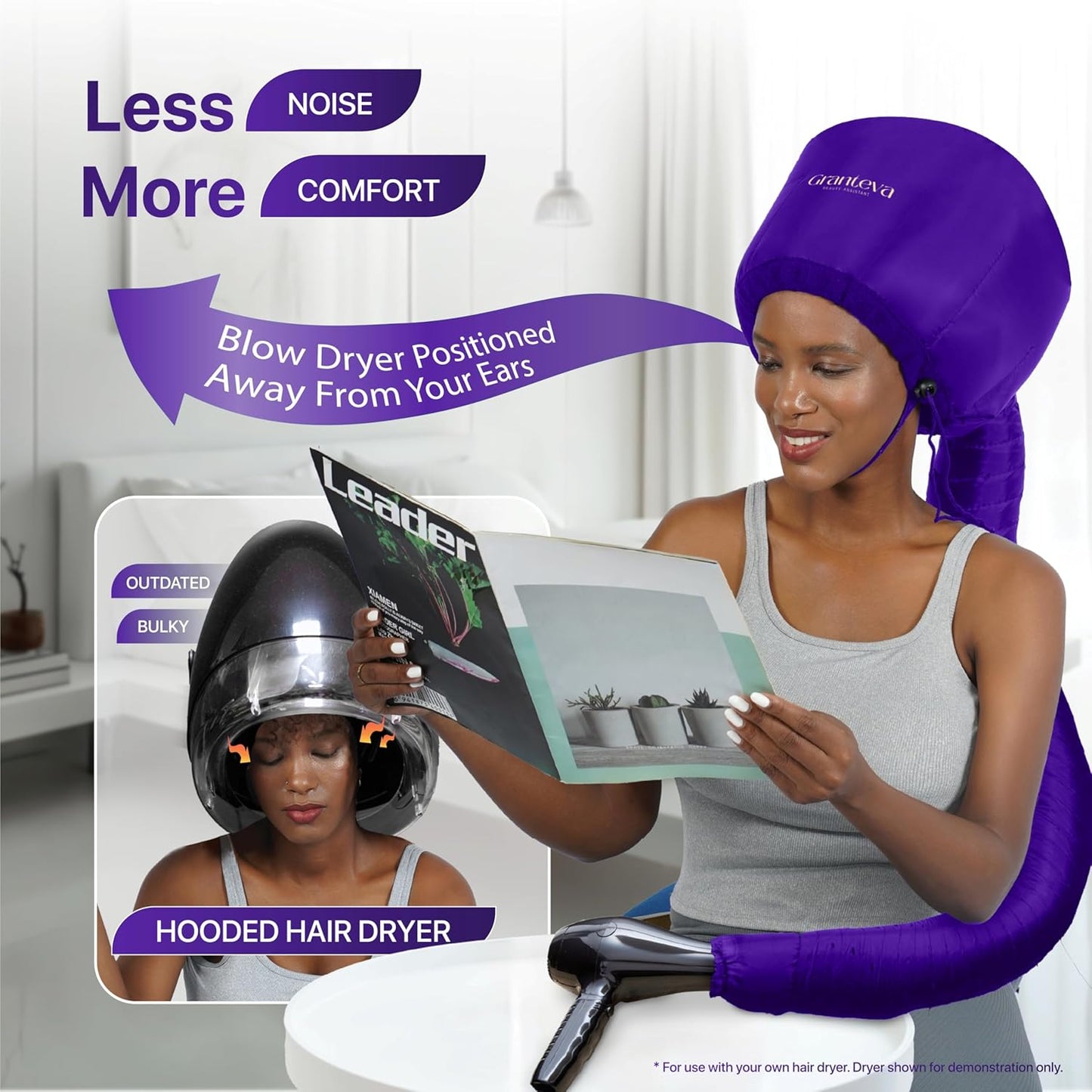 Hair Dryer Bonnet Attachment - Integrated Headband Reduces Heat Around Ears & Neck | Large Purple Diffuser Cap for Curly Hair