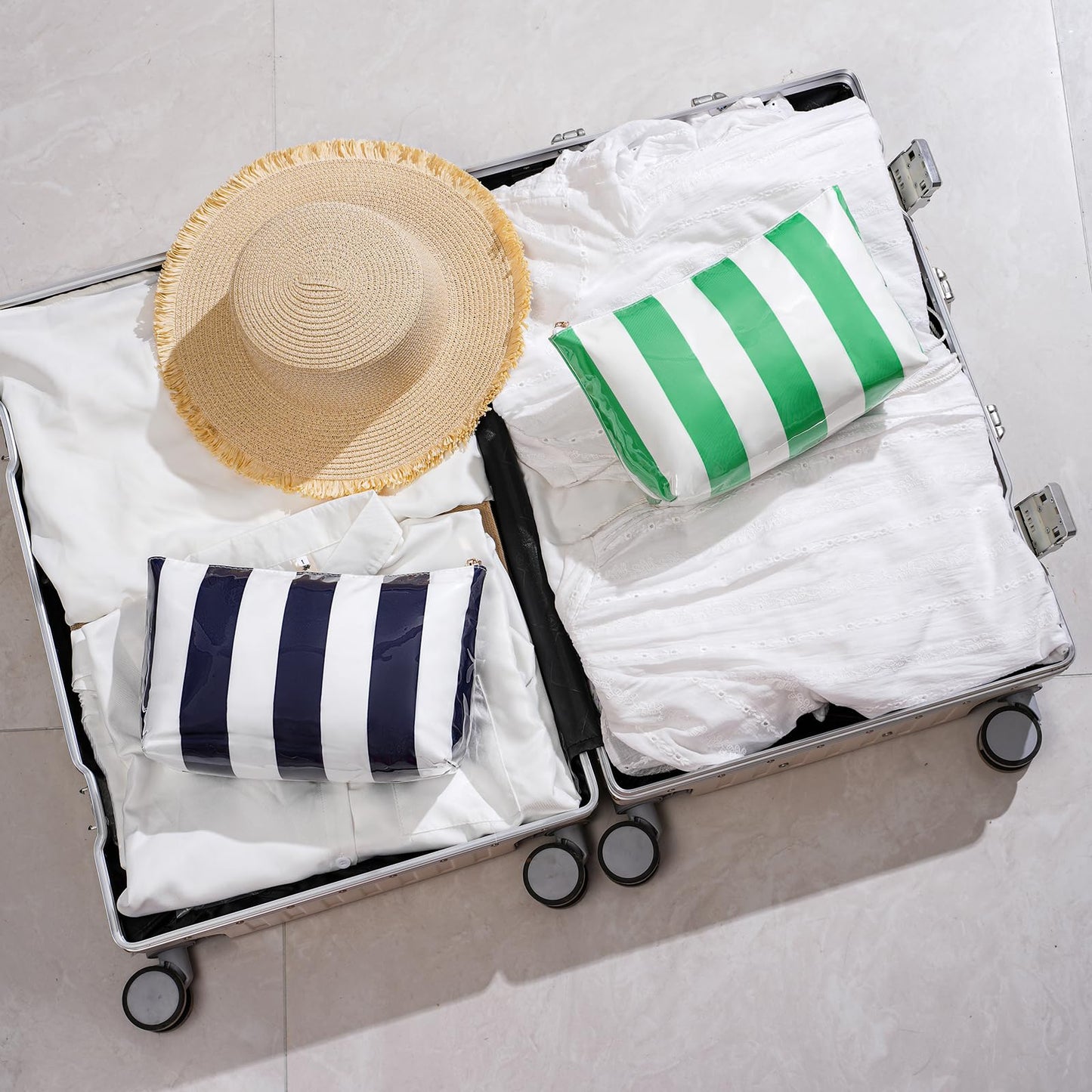 RSRSLEII Large Waterproof Travel Striped Makeup Bag, Aesthetic PVC Toiletry Bag, Coquette Cosmetic Bag, Sunscreen Accessories Storage Organization, Beach Travel Purse(Green)