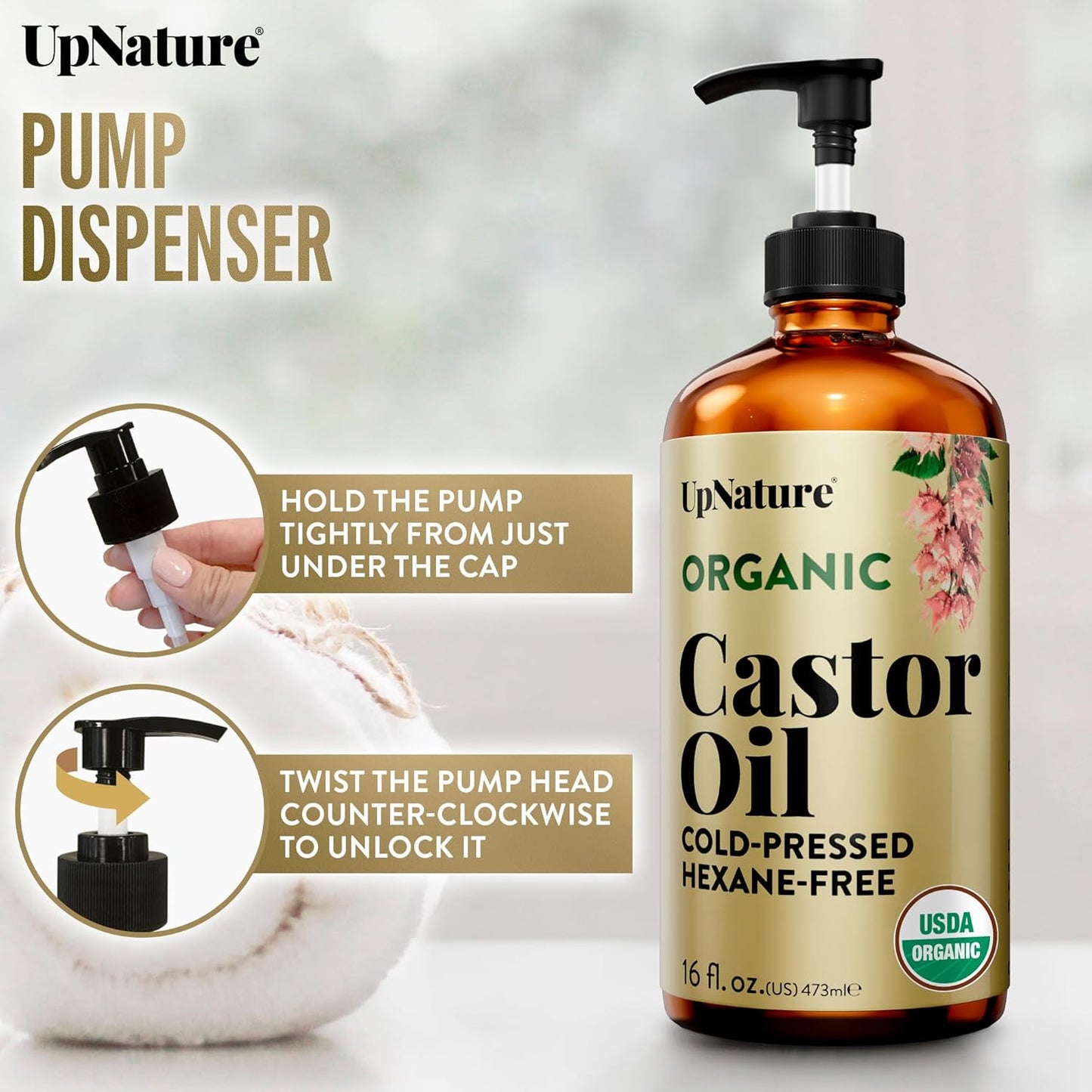 Organic Castor Oil - 100% Pure Cold Pressed 16oz Glass Bottle | USDA Certified, Hexane Free for Face, Hair & Skin