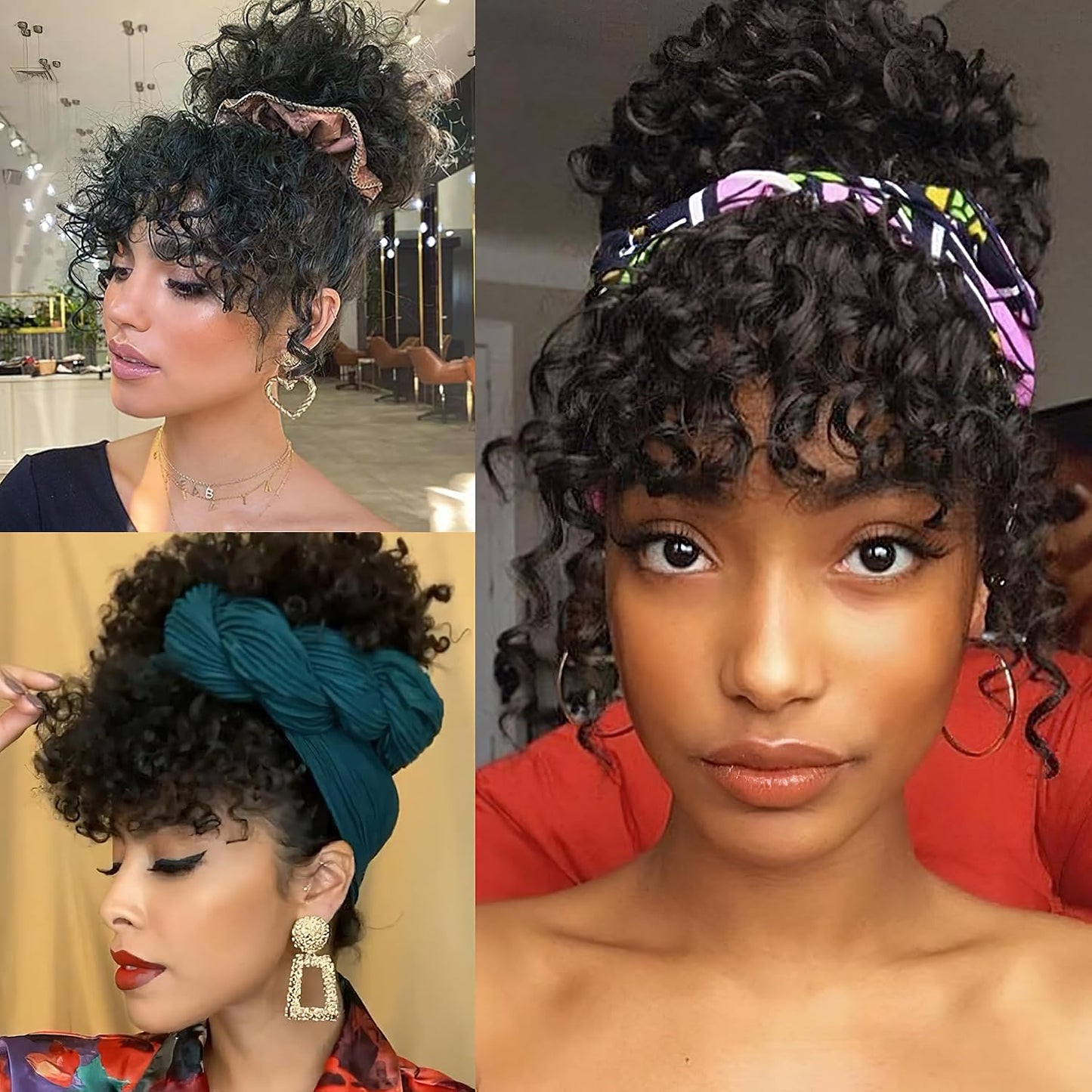 Afro Puff Drawstring Ponytail Extension - Curly Bangs Clip for Black Women | Synthetic Hairpiece (Black)
