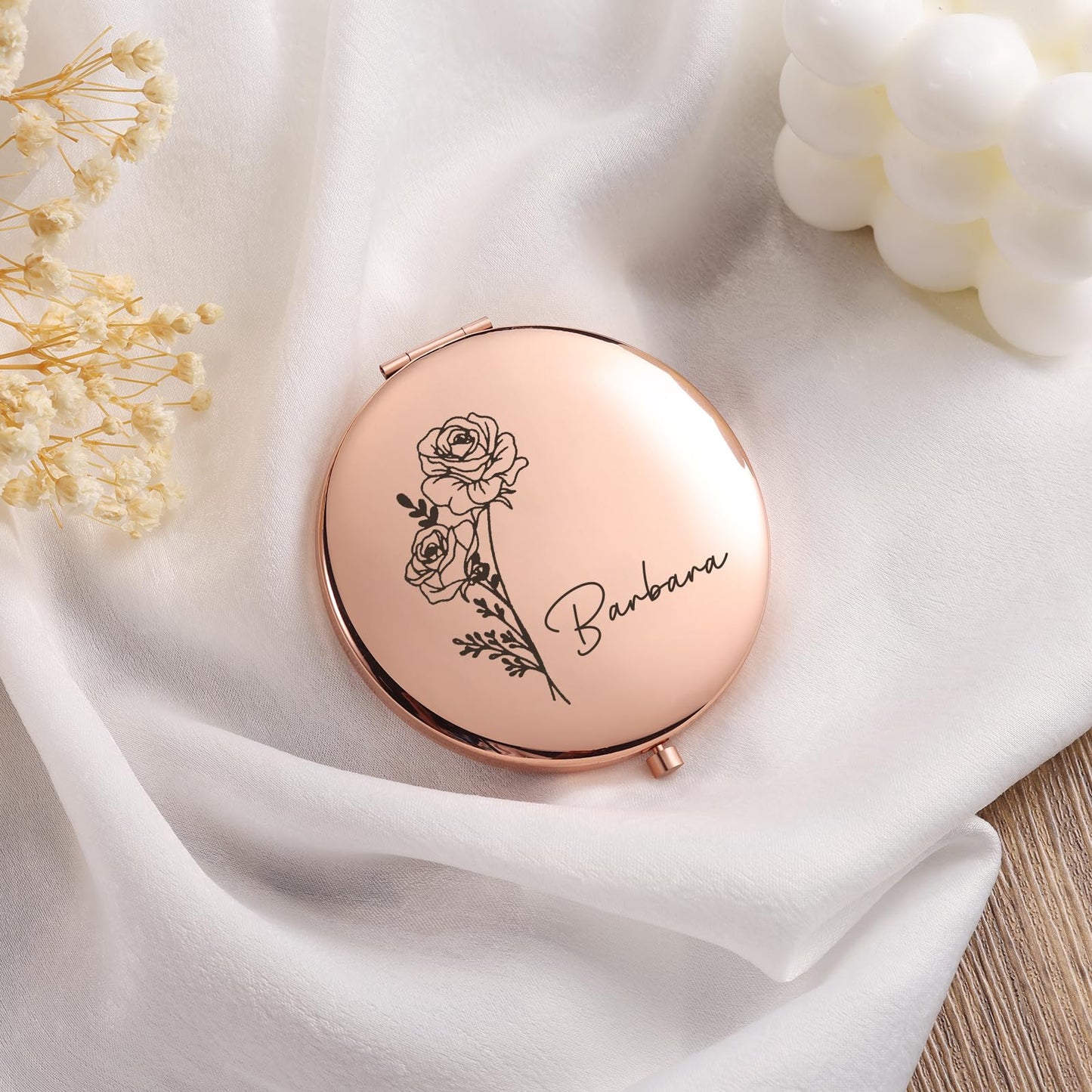 Ahgmeside Personalized Compact Mirror for Women - Pocket Mirror for Women,Custom Birthflower Travel Makeup Mirror for Wife, Mom, Bridesmaid Gifts for Daughter Friend (Rose Gold)