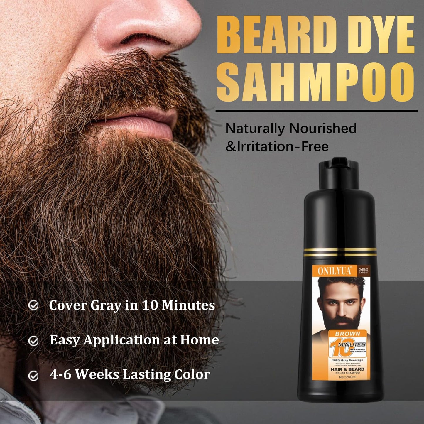 Beard Dye For Men, 10-Minute Instant Gray Coverage, 3 in 1 Brown Mens Beard & Mustache Dye Shampoo with 4-6 Weeks Lasting Color, Nourishing with Argan Oil & Noni Fruit, No-Mess Application 6.76 Fl Oz