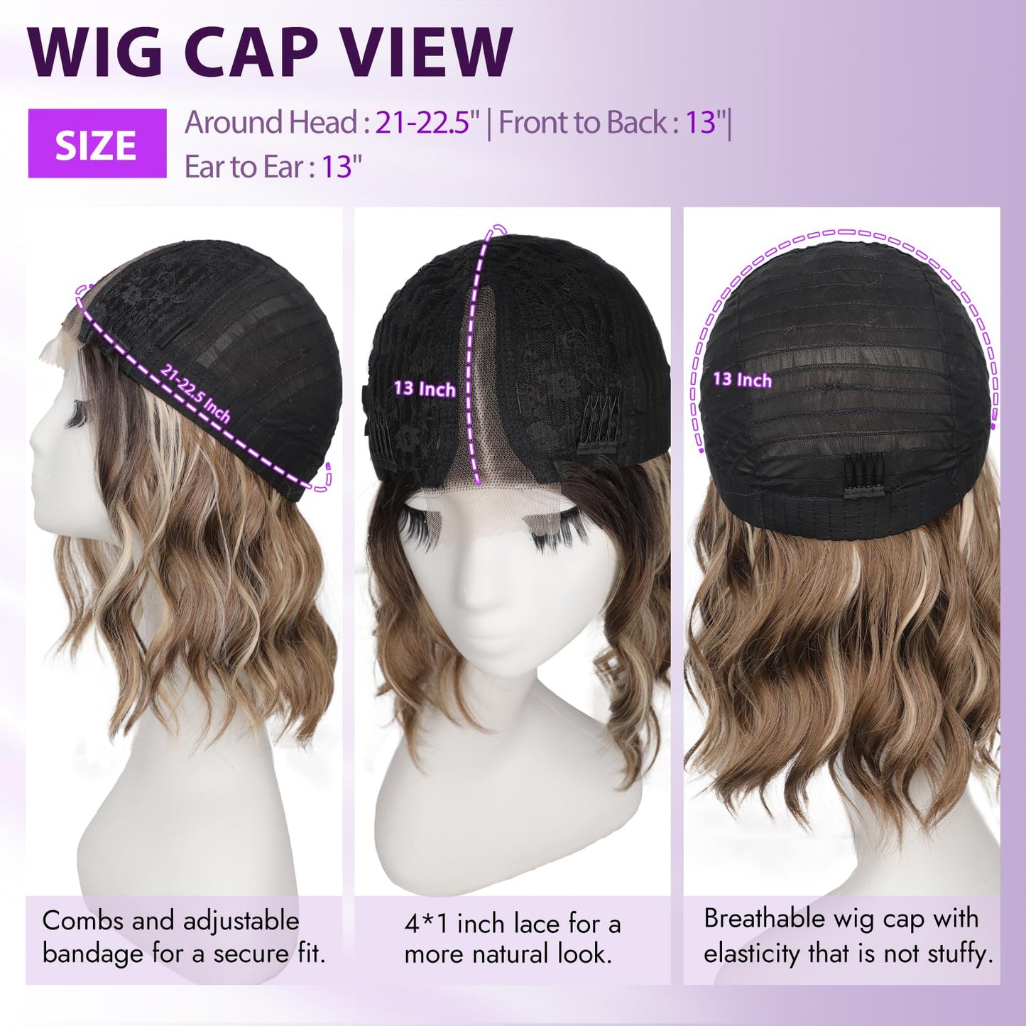 Eawwii Ombre Light Brown With Blonde Short Wavy Wig for Women Lace Hairline Bob Style Synthetic Heat Resistant - Natural Appearance for Everyday Hairstyle 14 Inch