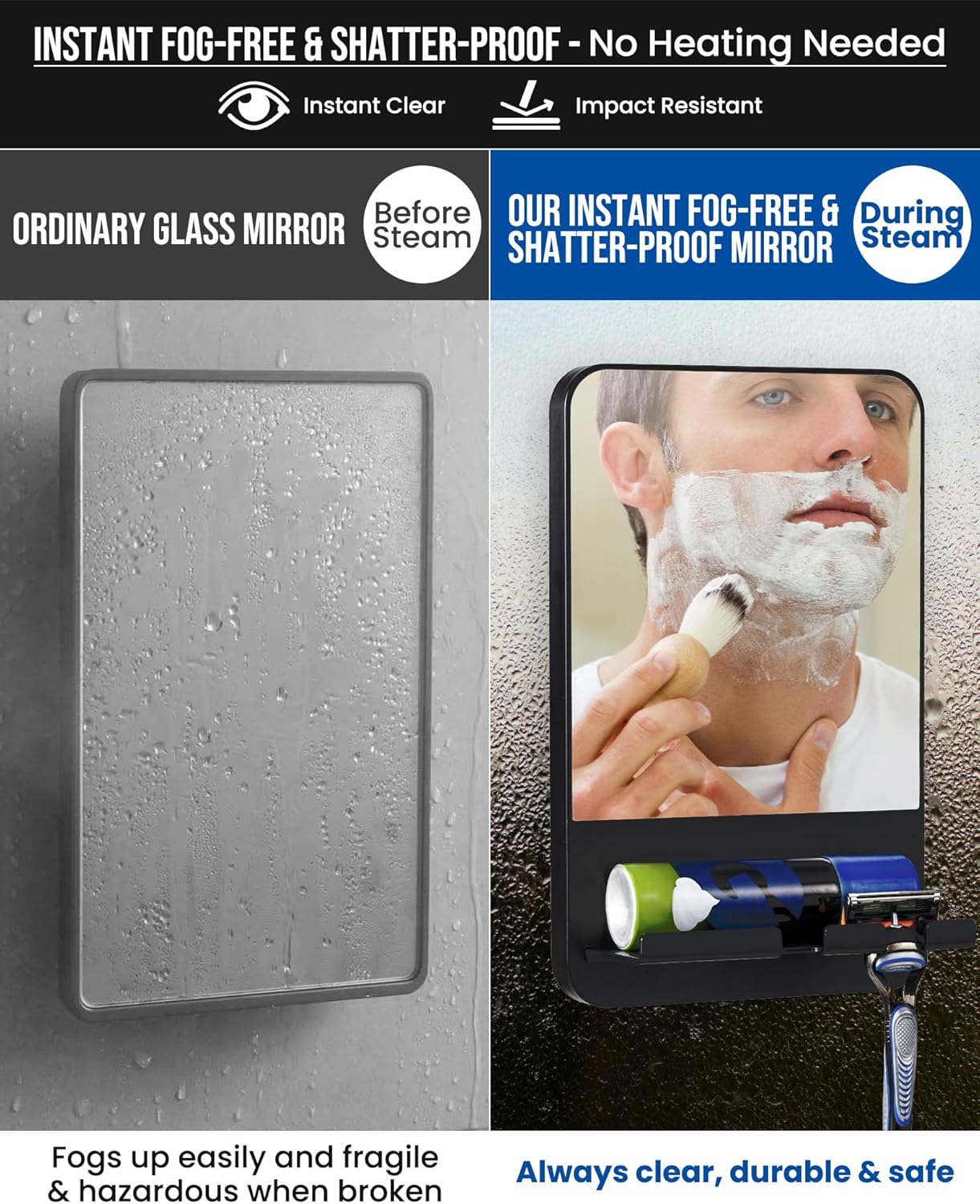 Fogless Shower Mirror for Shaving - Suction Cup, Removable & Shatterproof | Anti-Fog Bathroom Accessory, Black