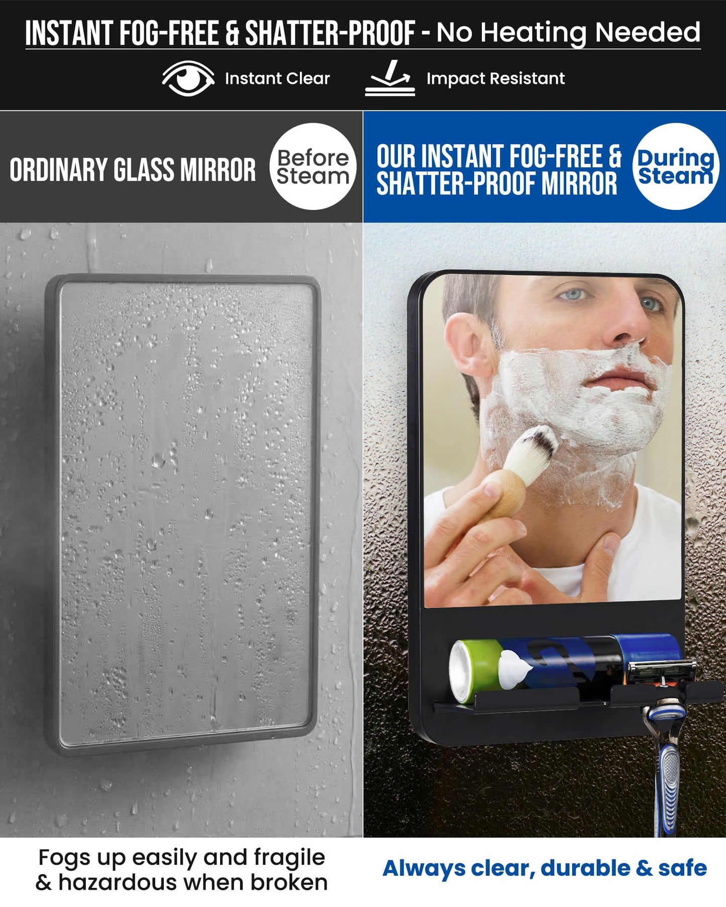 TAILI Shower Mirror Fogless for Shaving with Razor Holder – Fog Free Suction Mirrors, Removable & Shatterproof Anti-Fog Shower Mirror, Bathroom Shower Accessories for Men & Women, Black
