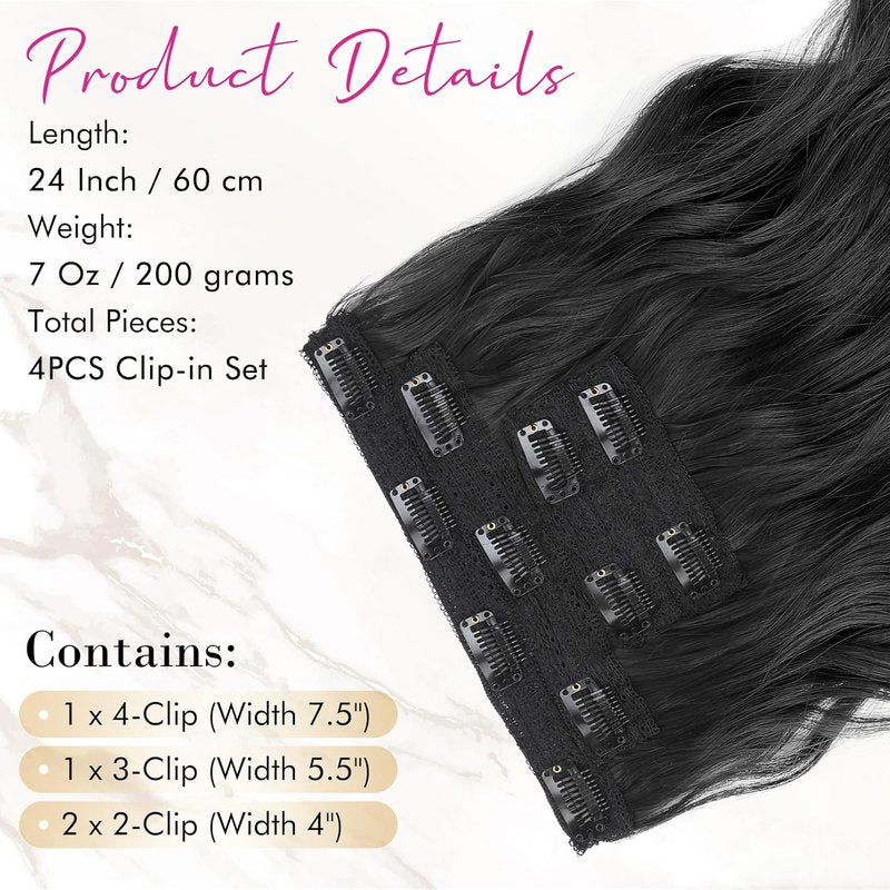 REECHO Clip-In Hair Extensions - 24" Thick Long Beach Waves | Black Invisible Lace Weft Synthetic Hairpieces