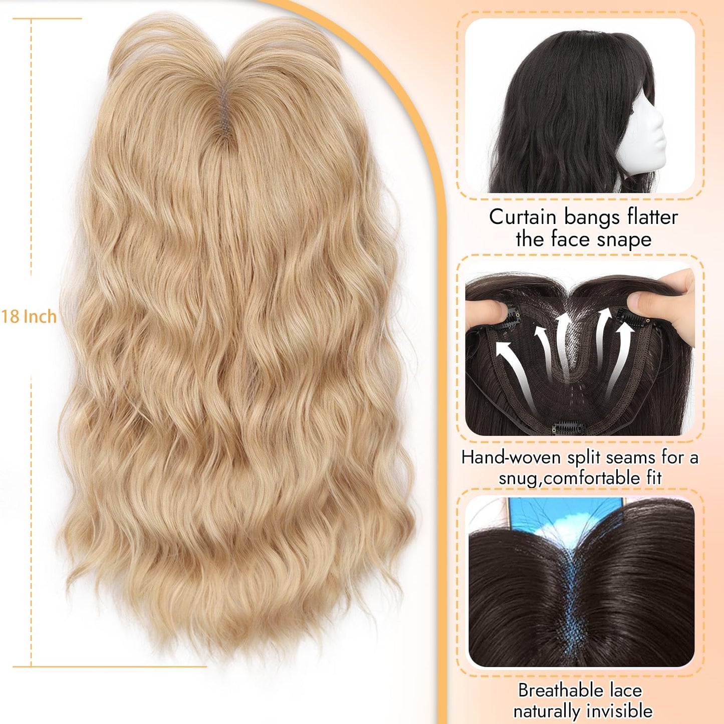 Hair Topper for Women - Clip-In Synthetic Hairpiece for Thinning Hair | 18-Inch Wavy Curly with Bangs