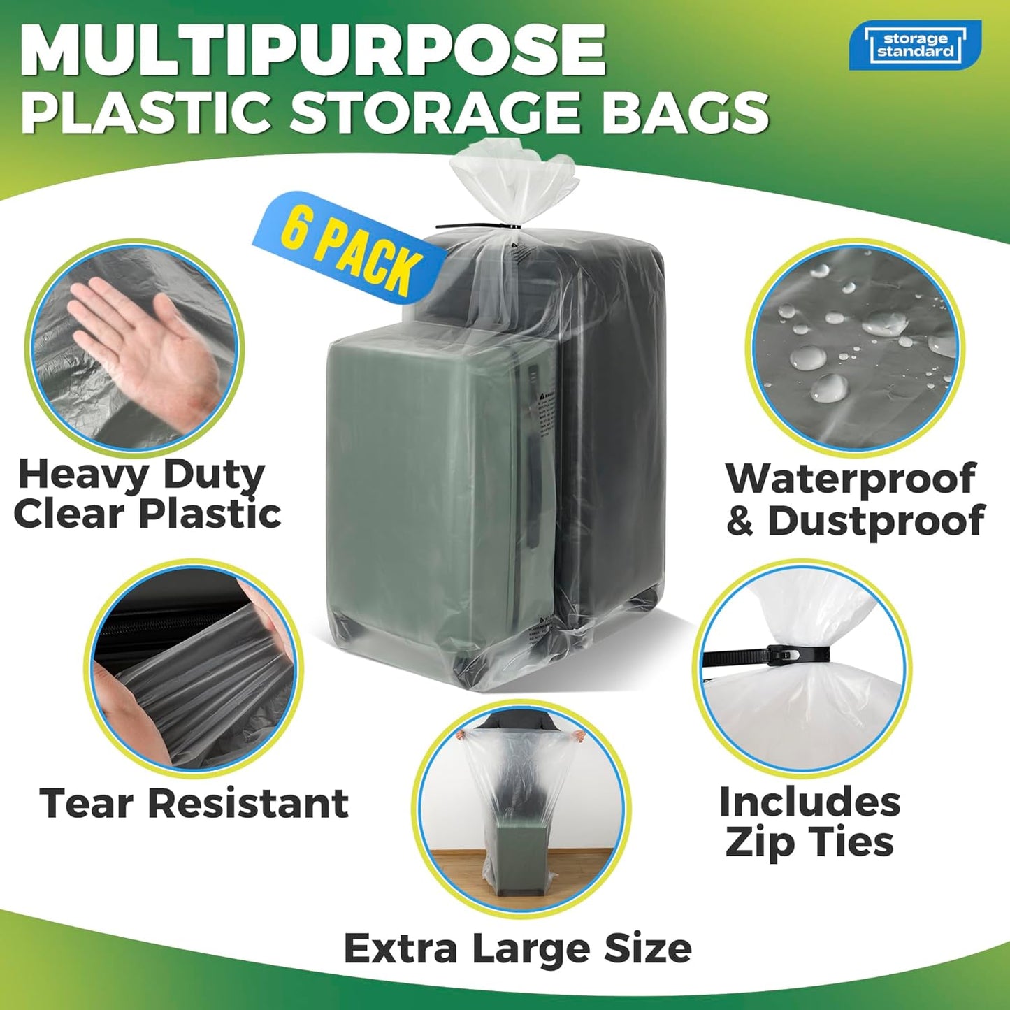 Large Clear Plastic Storage Bags - Waterproof Heavy-Duty Zip Ties | 40 x 60 Inches - Perfect for Luggage, Suitcases, Strollers & Travel Gear