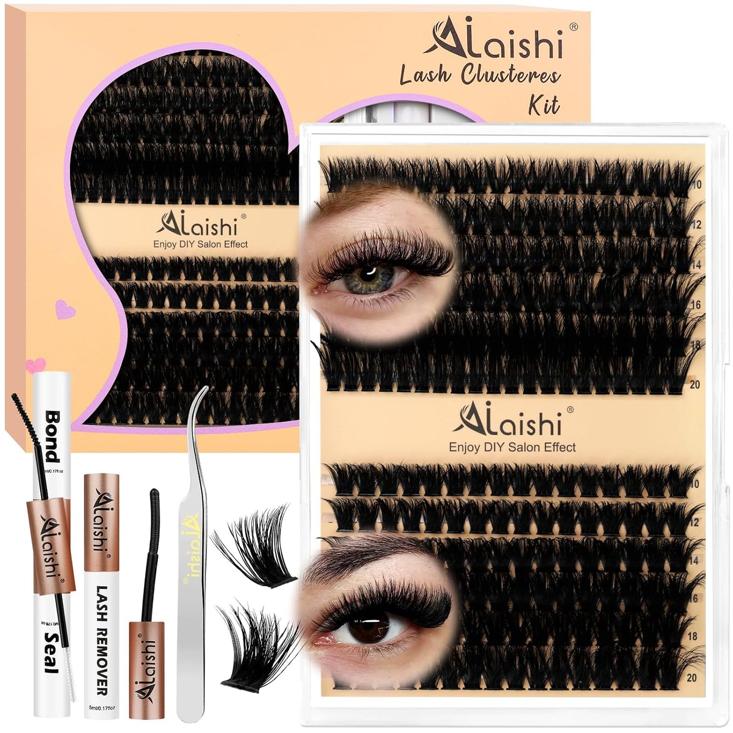 DIY Cluster Eyelash Extensions Kit - 224pcs Fluffy D Curl Lashes | 9-16mm, Bond & Seal, Tweezers Included
