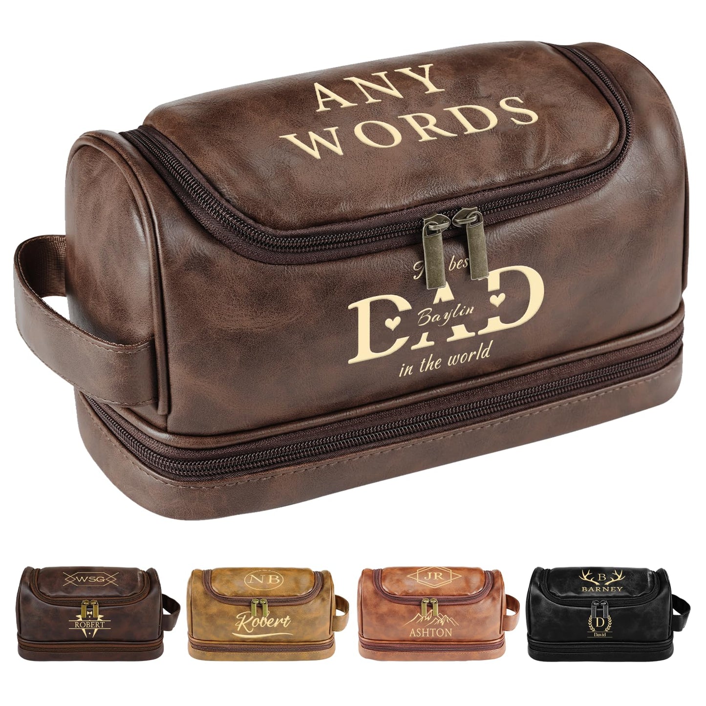 Personalized Toiletry Bag for Men, Engraved Name & Text, Father's Day Birthday Gifts for Men, Dad, Leather Men's Toiletry Bag for Traveling, Customized Gifts for Husband, Grandpa, Lover (DarkBrown)