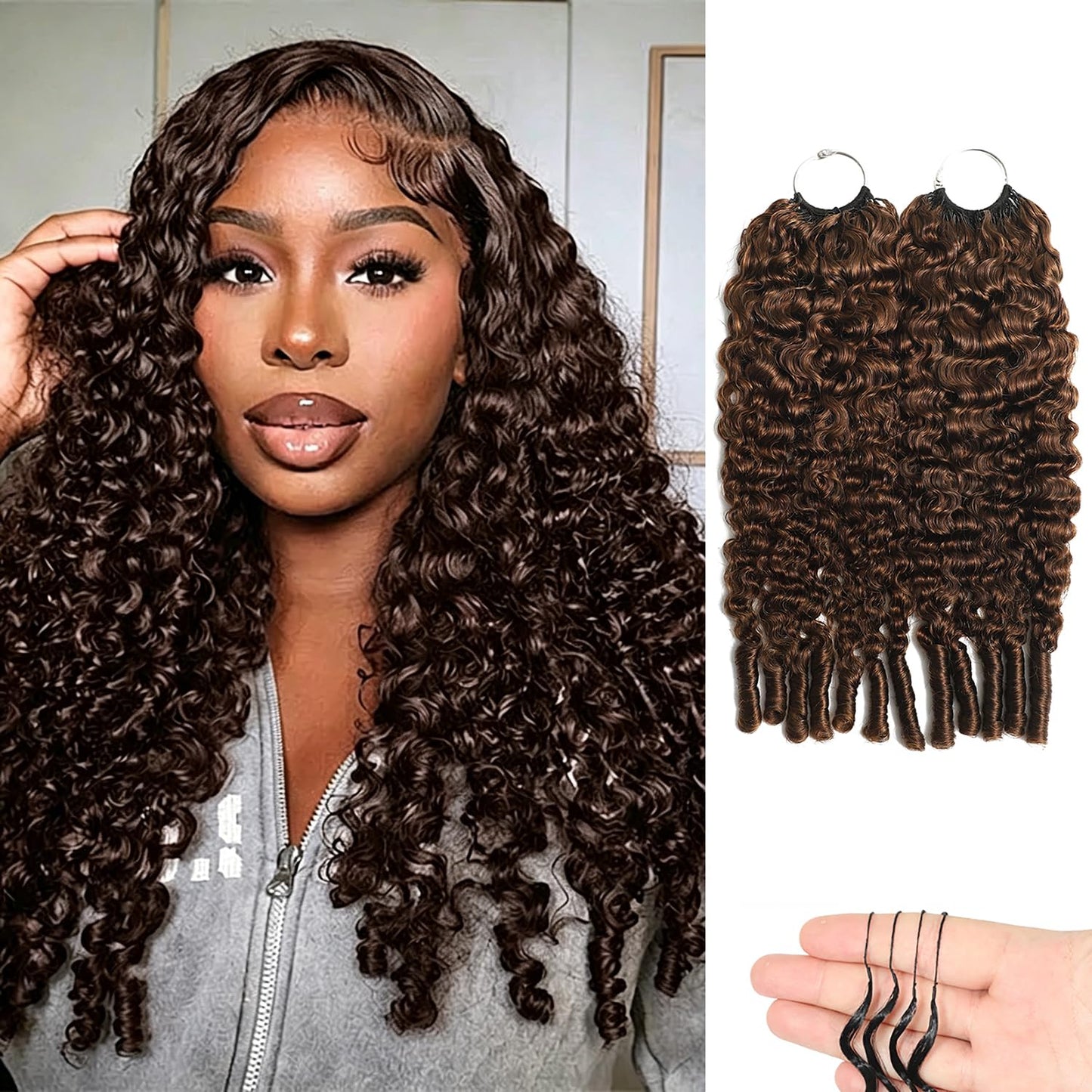 Human Crochet Hair for Black Women 16 Inch Chocolate Brown 4# Color Burmese Curly Human Hair Bundles Pre-Separated Miracle Knots Crochet Human Hair Reusable Hair Extensions 120g 100 Strands