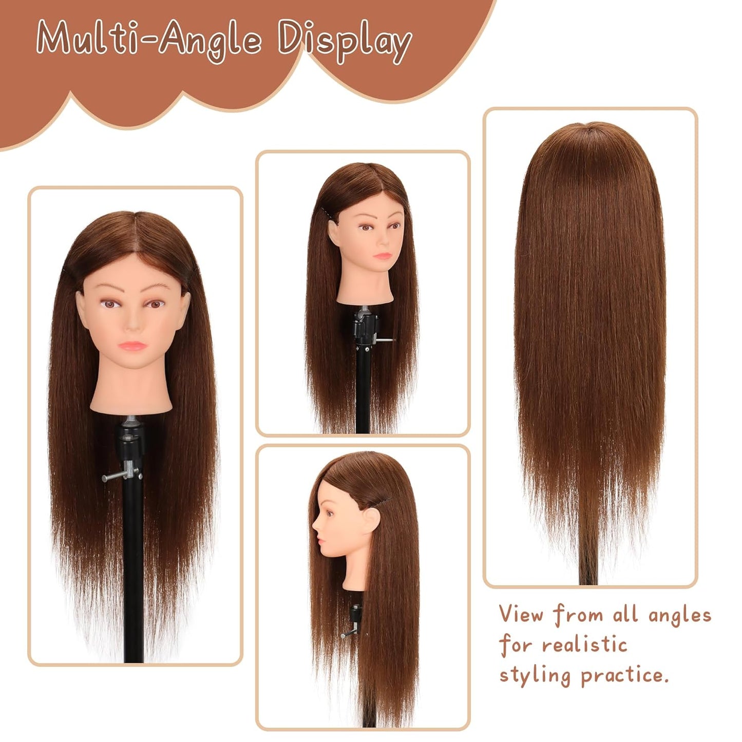 Human Hair Mannequin Head - 22"-24" Cosmetology Training Head with Tripod Stand & Clamp Holder for Styling, Braiding, Cutting