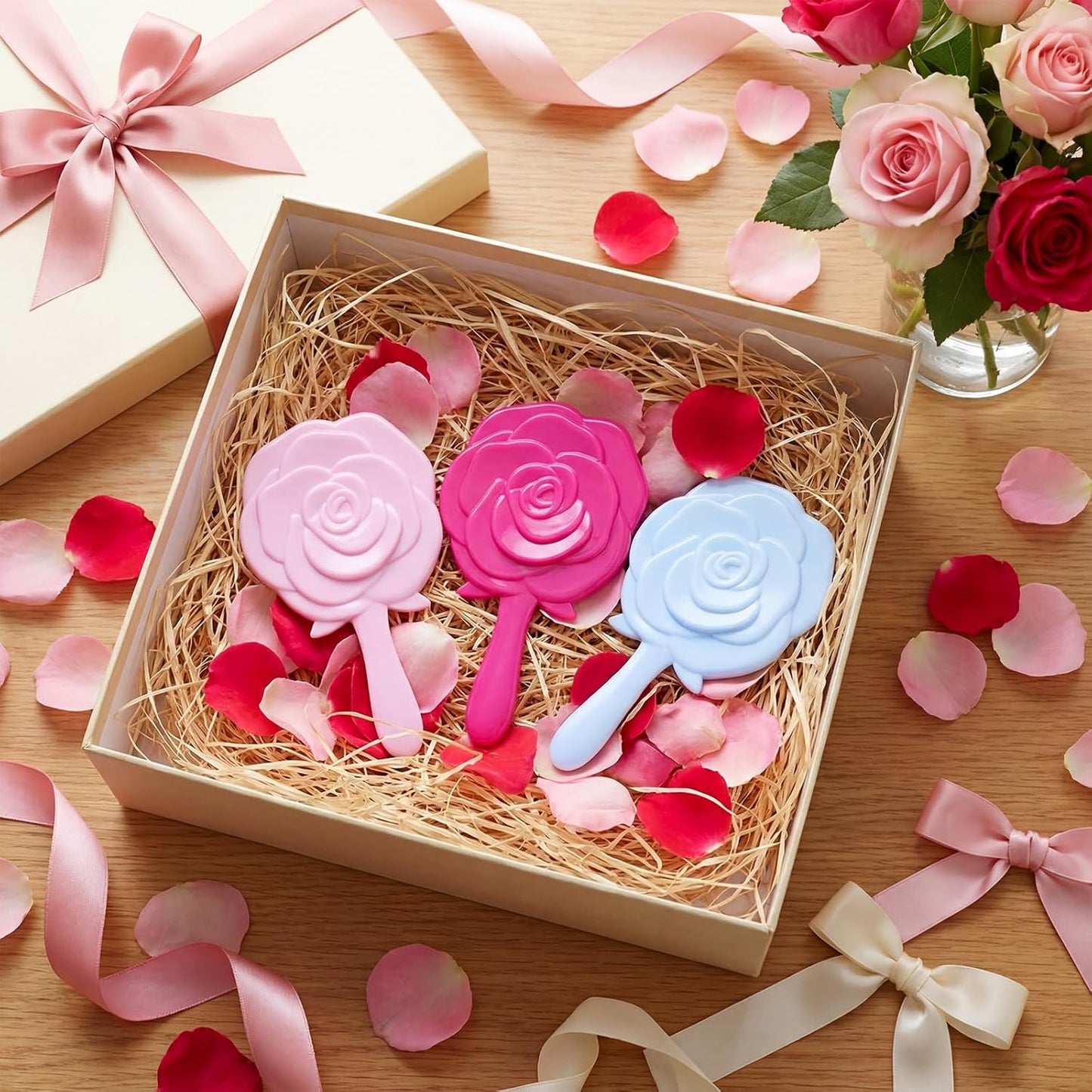 RattanView Handheld Rose Makeup Mirrors - Compact Floral Design | 24 Sets with Organza Bags for Women