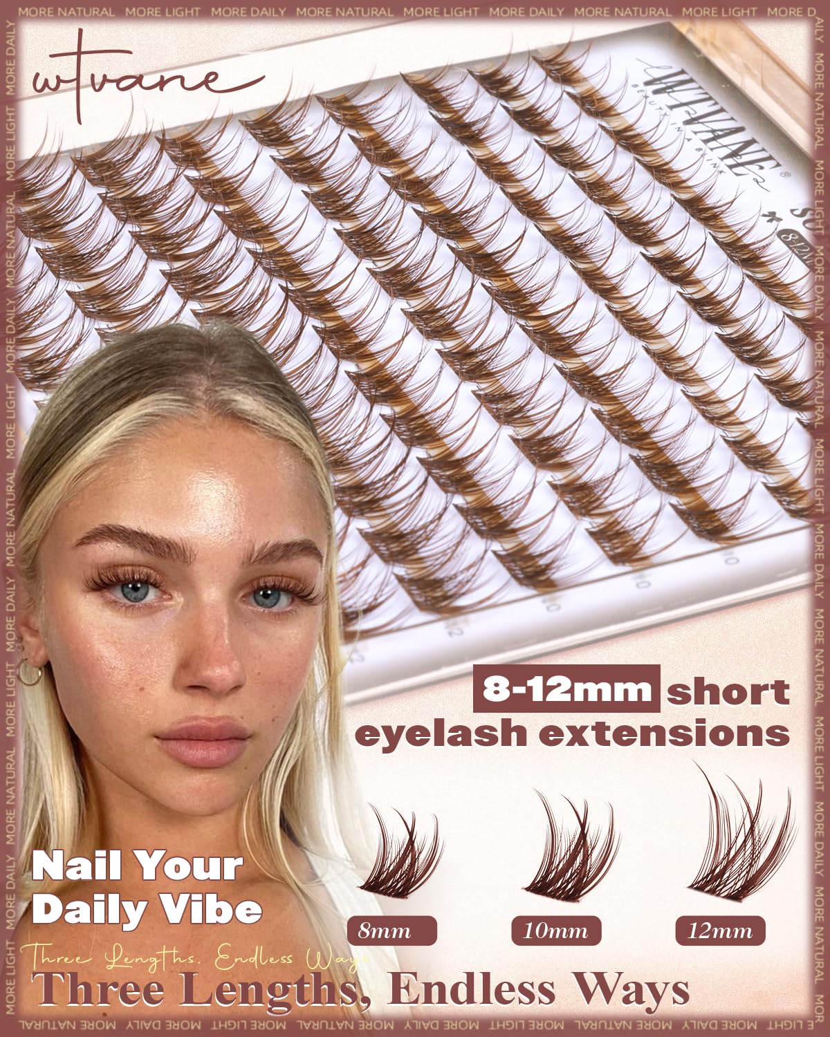 Wtvane Brown Lash Clusters Natural Eyelash Clusters 8-10-12mm Short Lash Extensions Wispy Lash Clusters C Curl Individual Lashes Cluster with Thin Band Soft Brown Eyelashes Clusters for Clean Makeup