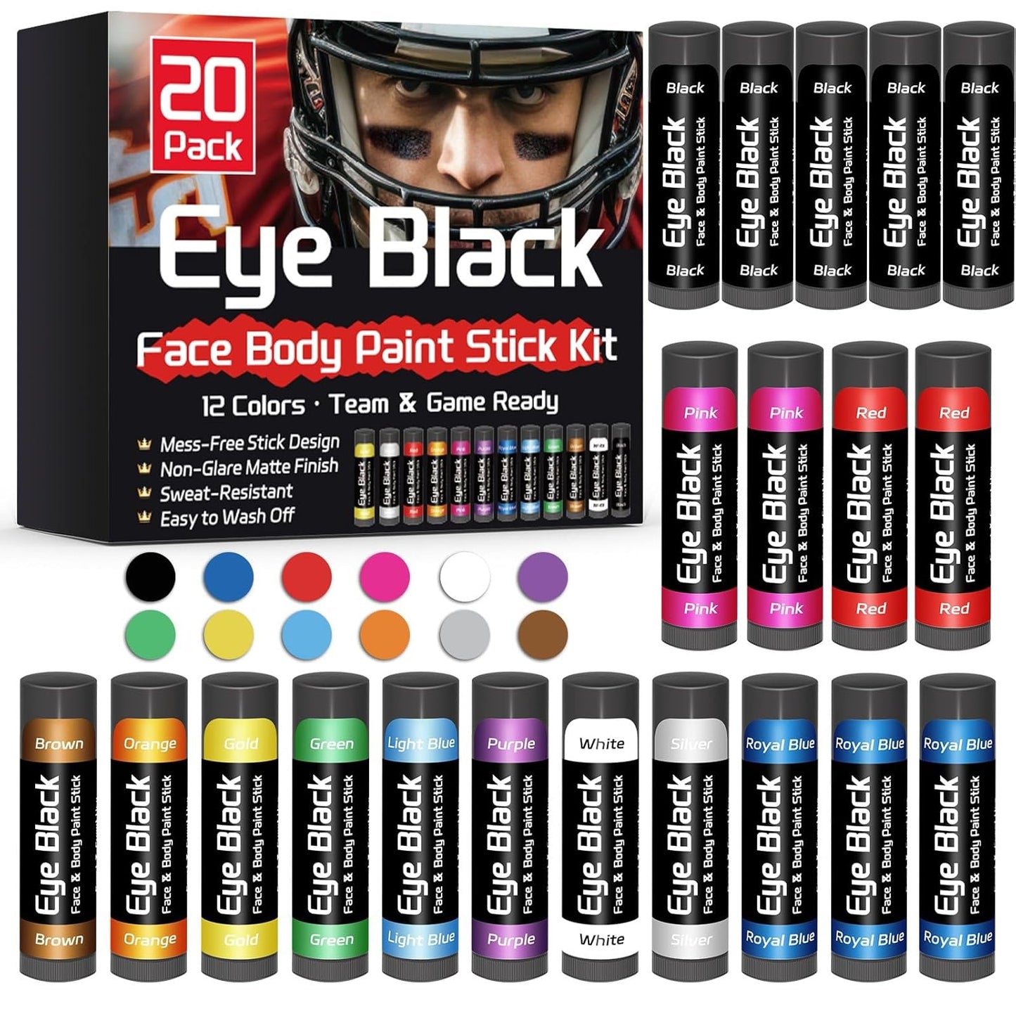 Eye Black Stick - 20 Pack Sports Face Paint in 12 Colors | Anti-Glare Under Eye Paint for Football & Baseball