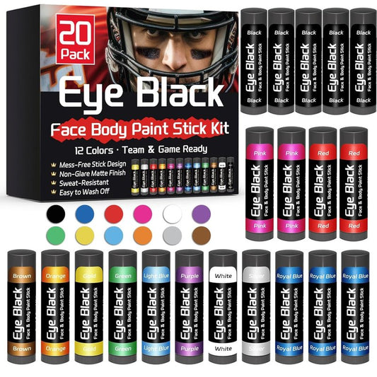Eye Black Stick - 20 Pack Sports Face Paint in 12 Colors | Anti-Glare Under Eye Paint for Football & Baseball