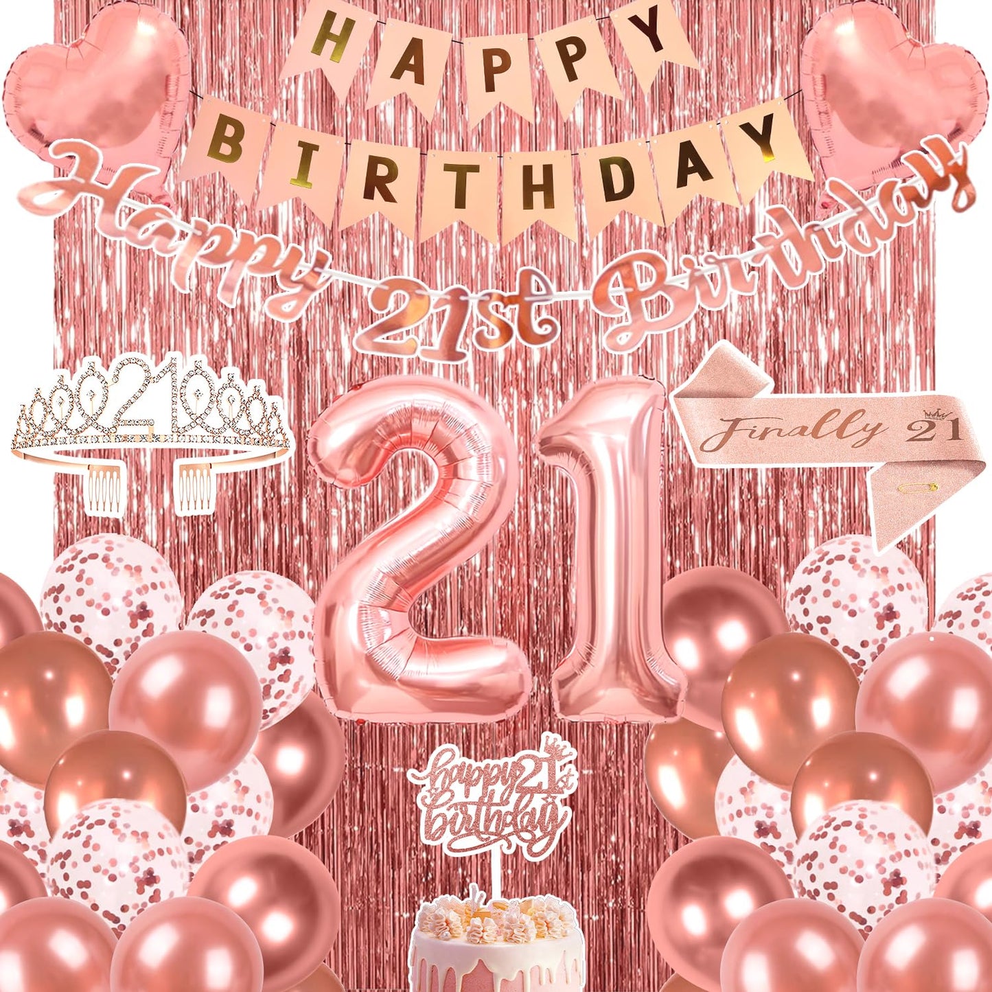 YGSEPCC 21 Birthday Decorations for Her, Rose Gold 21st Birthday Party Supplies 36Pcs, Birthday Sash Crown Tassel Curtains Foil Number Balloons Banner Cake Topper, 21 Young Lady Birthday Decorations