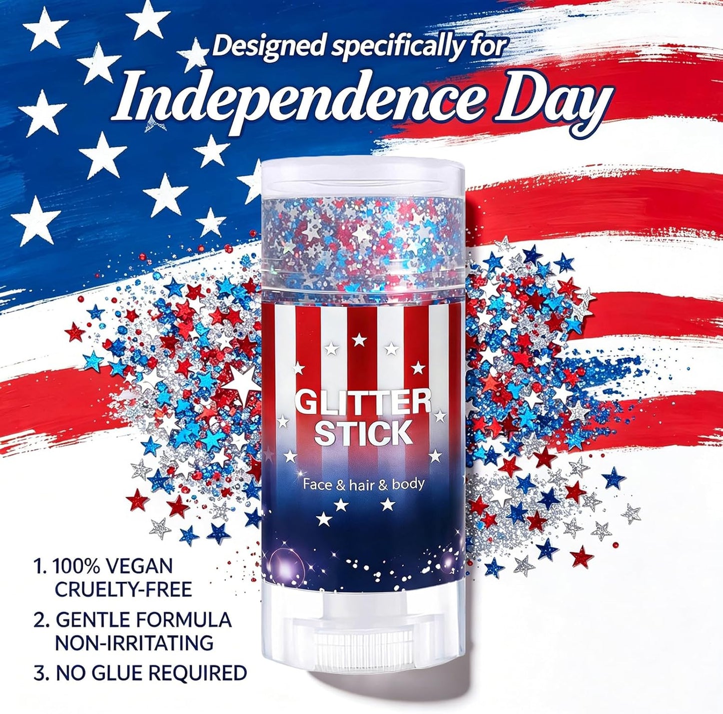 Patriotic Body Glitter Stick - 4th of July Sparkling Face & Hair Makeup | Waterproof Red, White & Blue Glitter