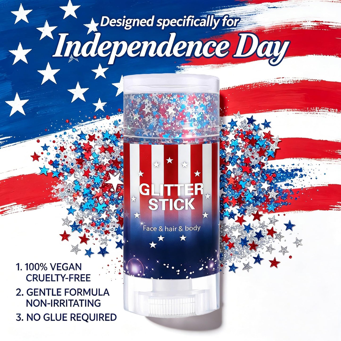 Patriotic Body Glitter Stick with Star,4th of July Outfits and Accessories,250th Anniversary Sparkling Face Hair Glitter Makeup for Women,Fourth of July Red White Blue Waterproof Hair Glitter
