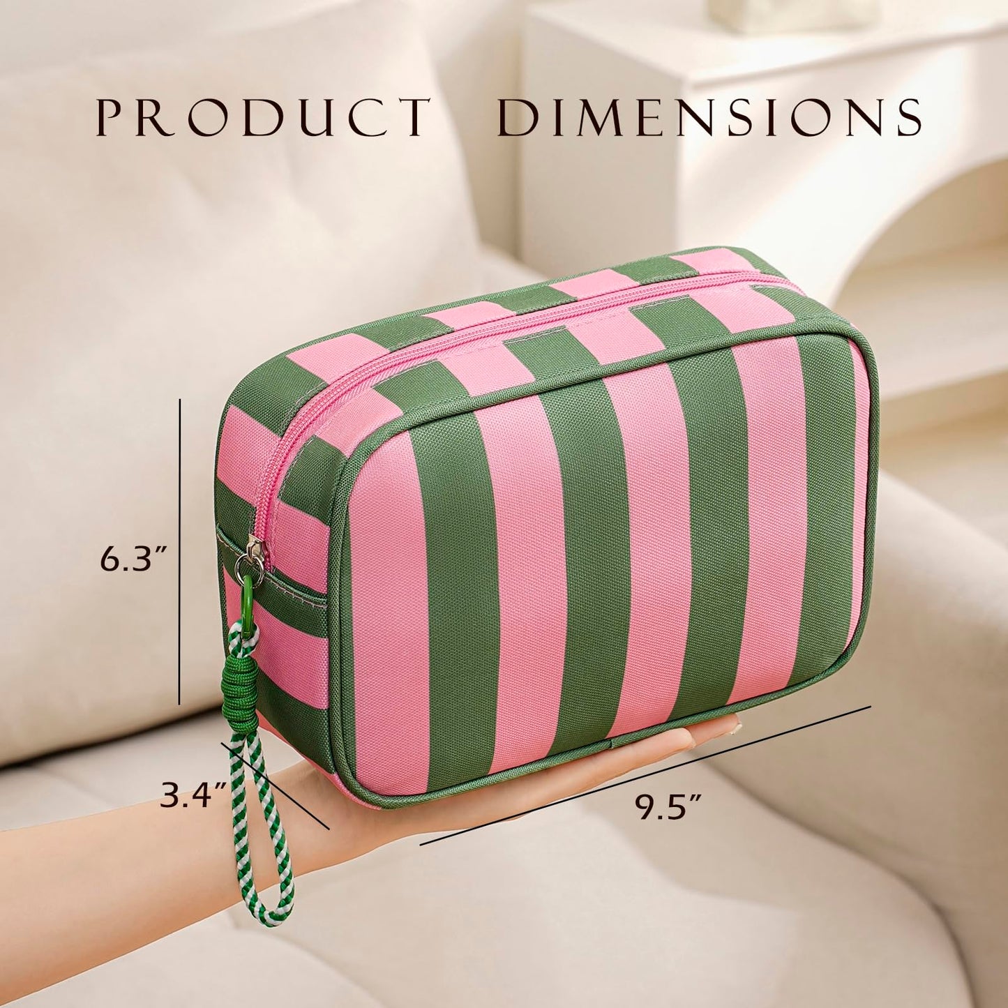 Lestikave Stripe Travel Makeup Bag,Large Aesthetic Zipper Cosmetic Bag, Oxford Coquette Toiletry Bag, Girls Handbags Purses, Accessories Storage Bag for Women Girls(02 Pink&Green)