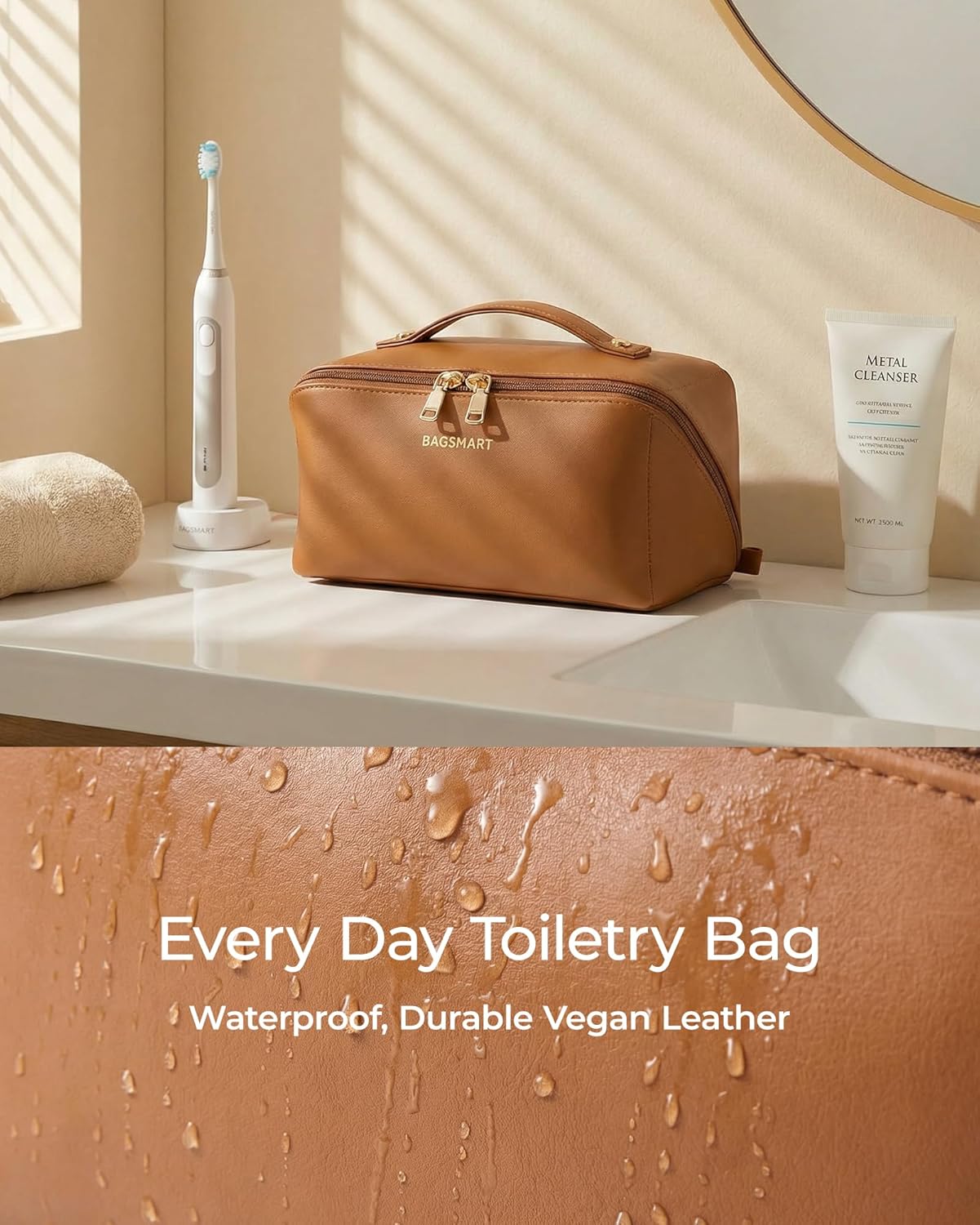 Makeup Bag - Large Travel Cosmetic Organizer | PU Leather Toiletry Case for Women - Classic Brown