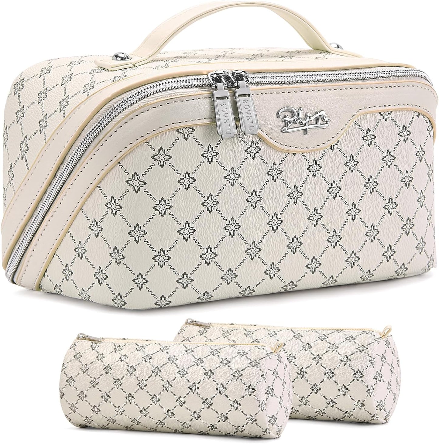 Travel Makeup Bag Set - Large Vegan Leather Cosmetic Organizer with Handle | 3 Pcs Portable Toiletry Bags in Coffee