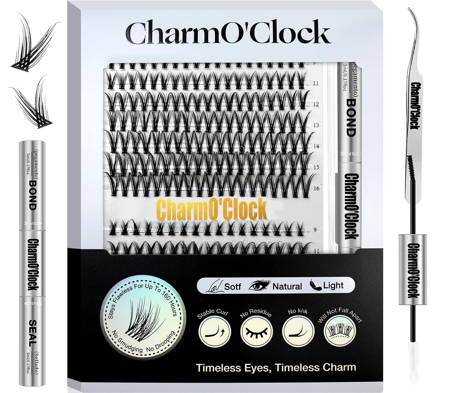 Lash Clusters Kit - 266 Pcs D Curl Wispy Eyelash Extensions with Bond, Seal, Tweezers & Remover | 9-16mm Mix