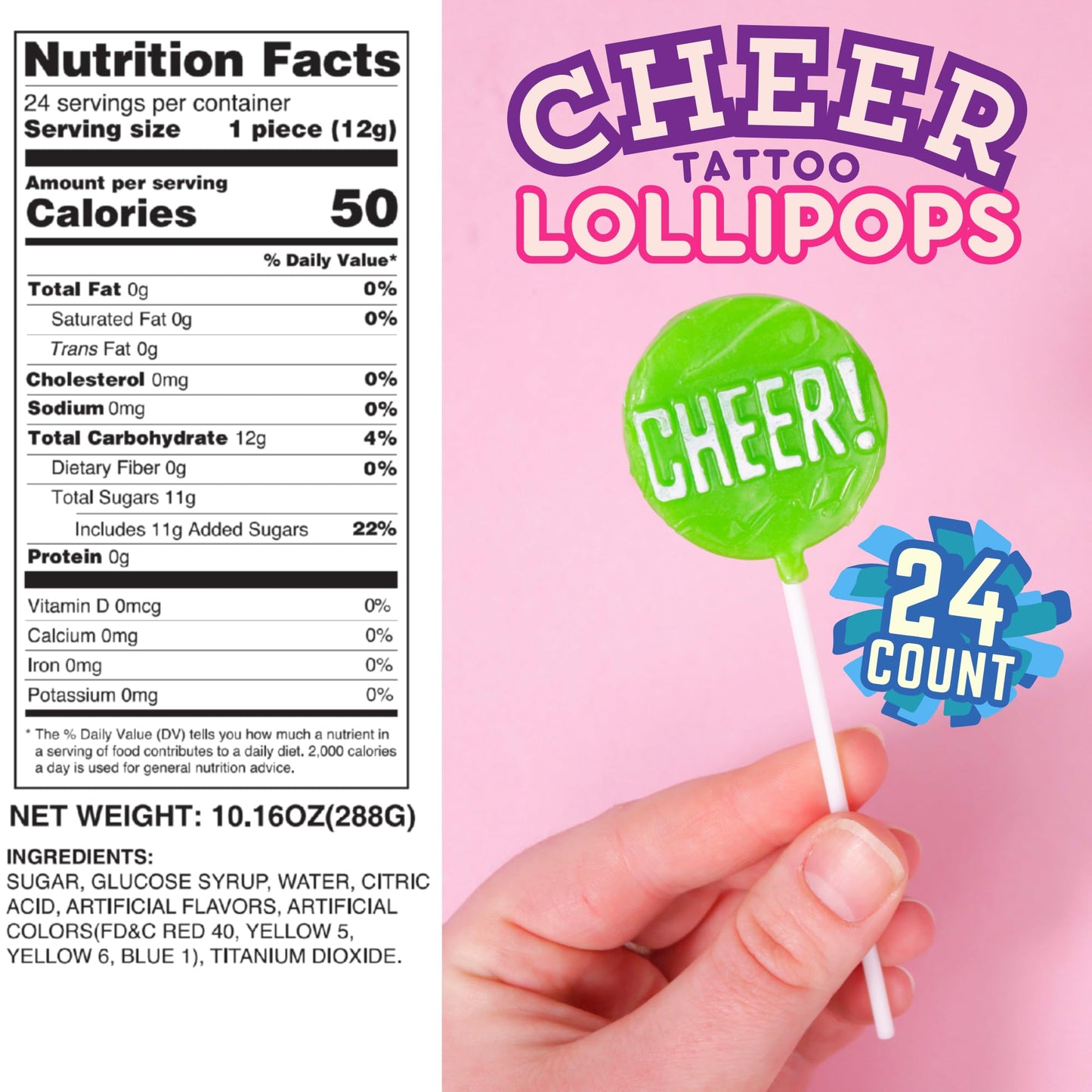 Cheer Tattoo Lollipops, Team Party Favor Candy Gifts, Pack of 24