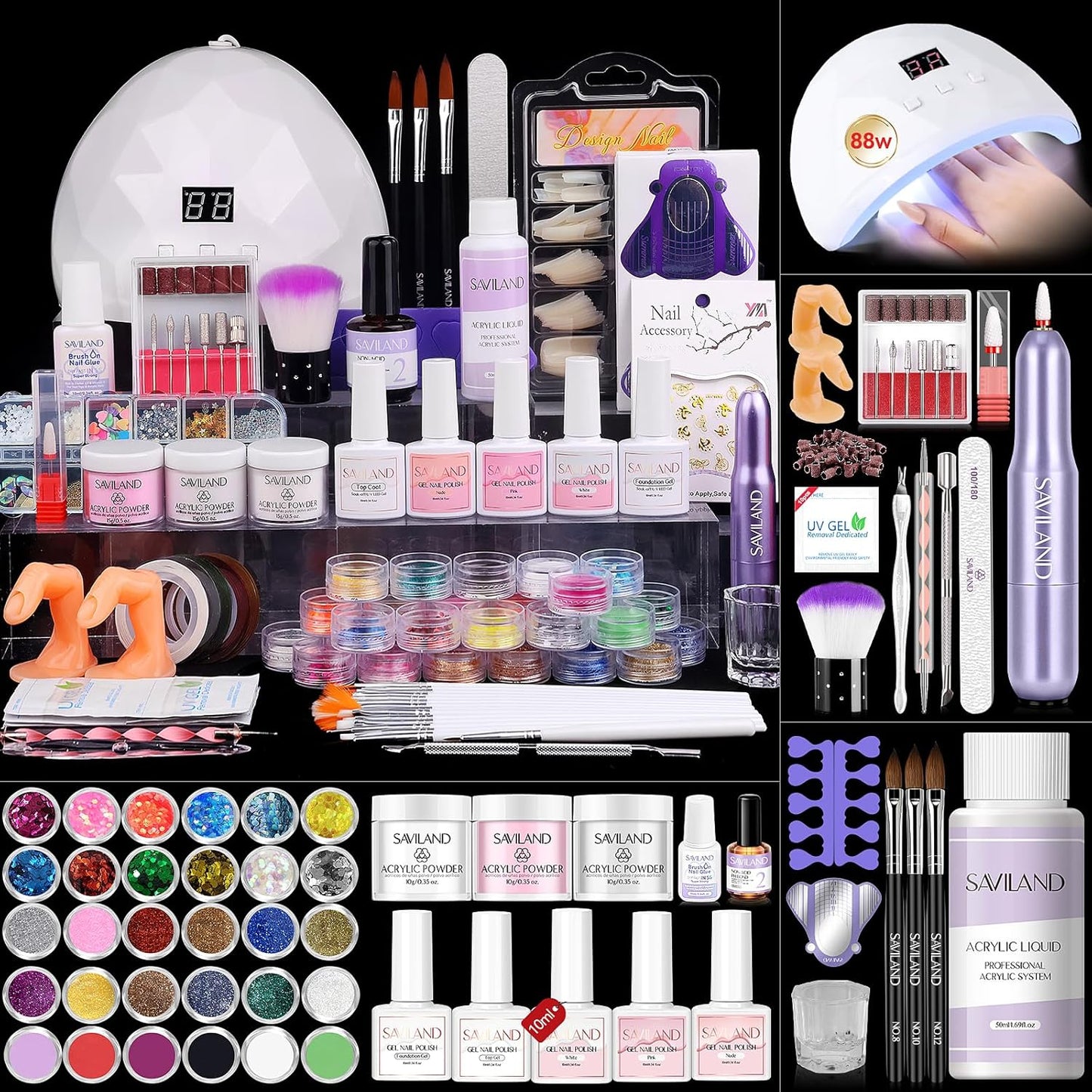 SAVILAND Acrylic Nail Kit - Complete Professional Set for Beginners | UV Light, Gel Polish, Brushes & Tools
